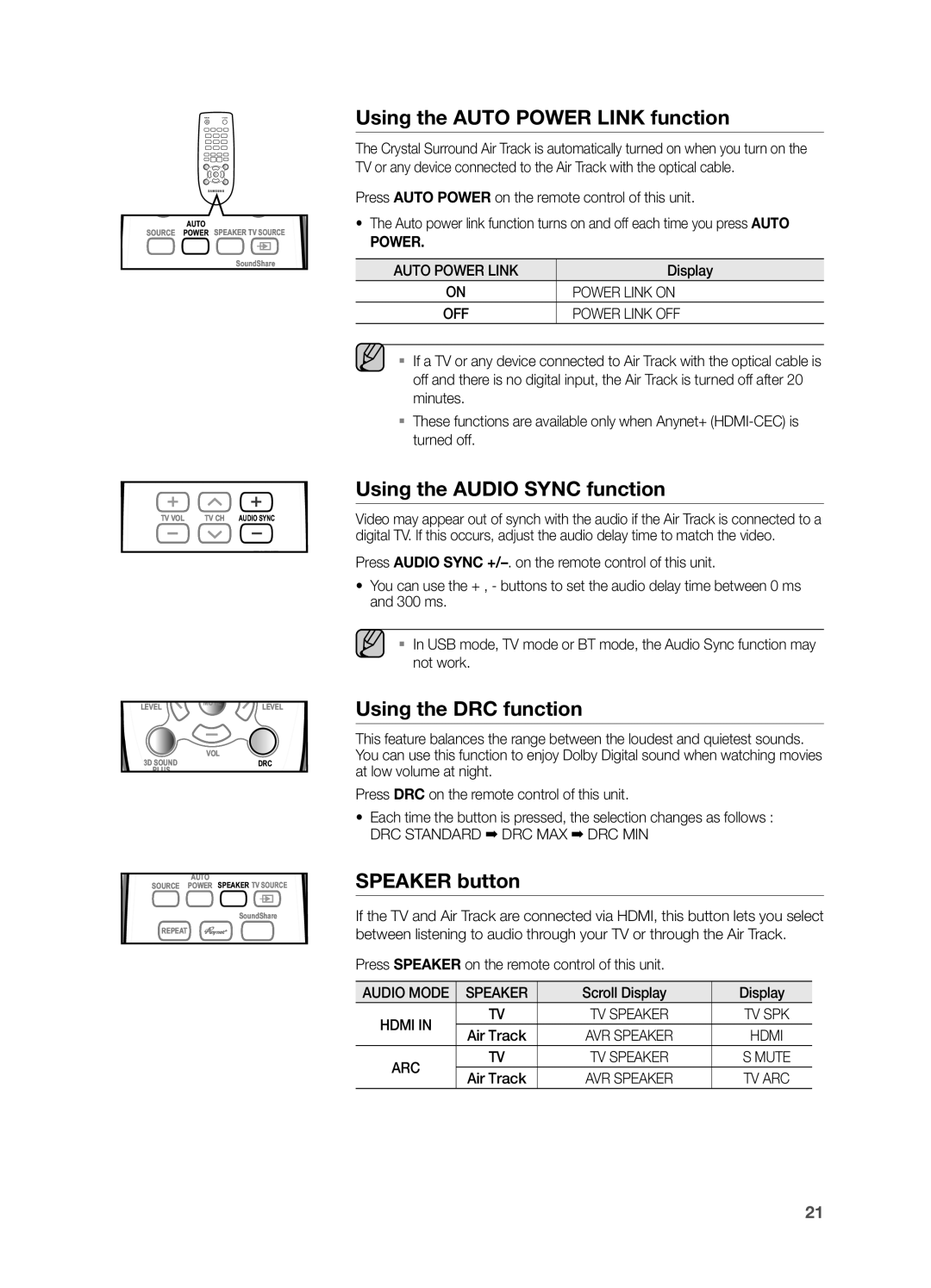 Samsung HW-FM55C Using the Auto Power Link function, Using the Audio Sync function, Using the DRC function, Speaker button 