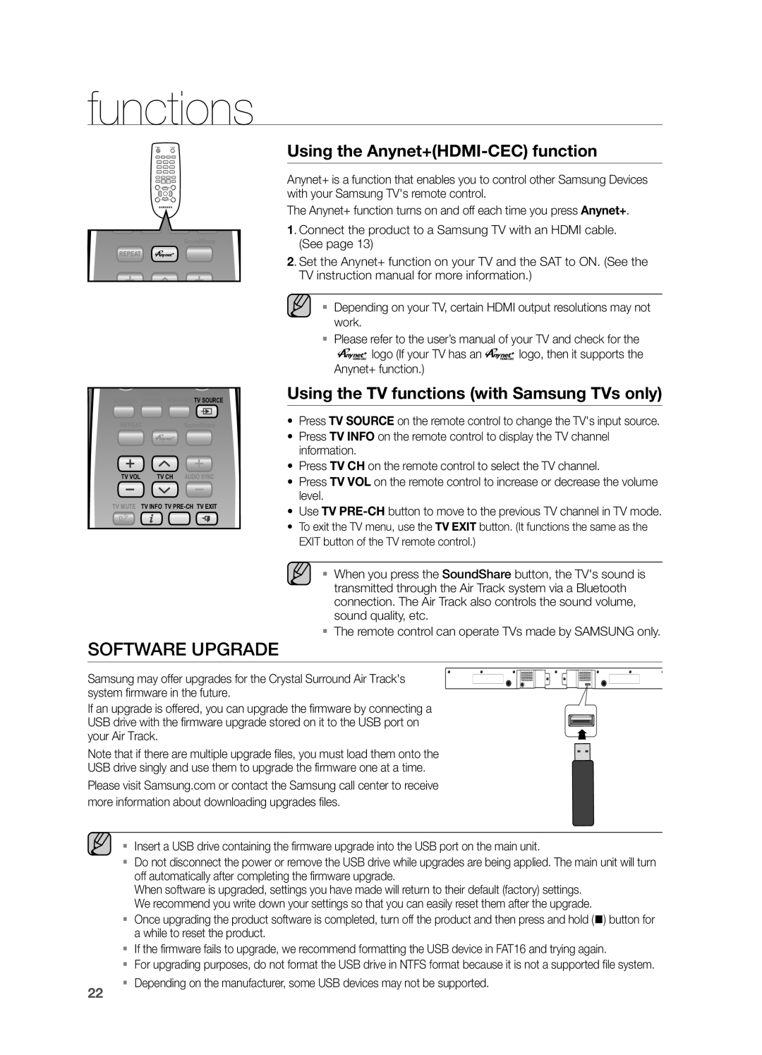 Samsung HW-FM55C user manual Using the Anynet+HDMI-CEC function, Using the TV functions with Samsung TVs only 