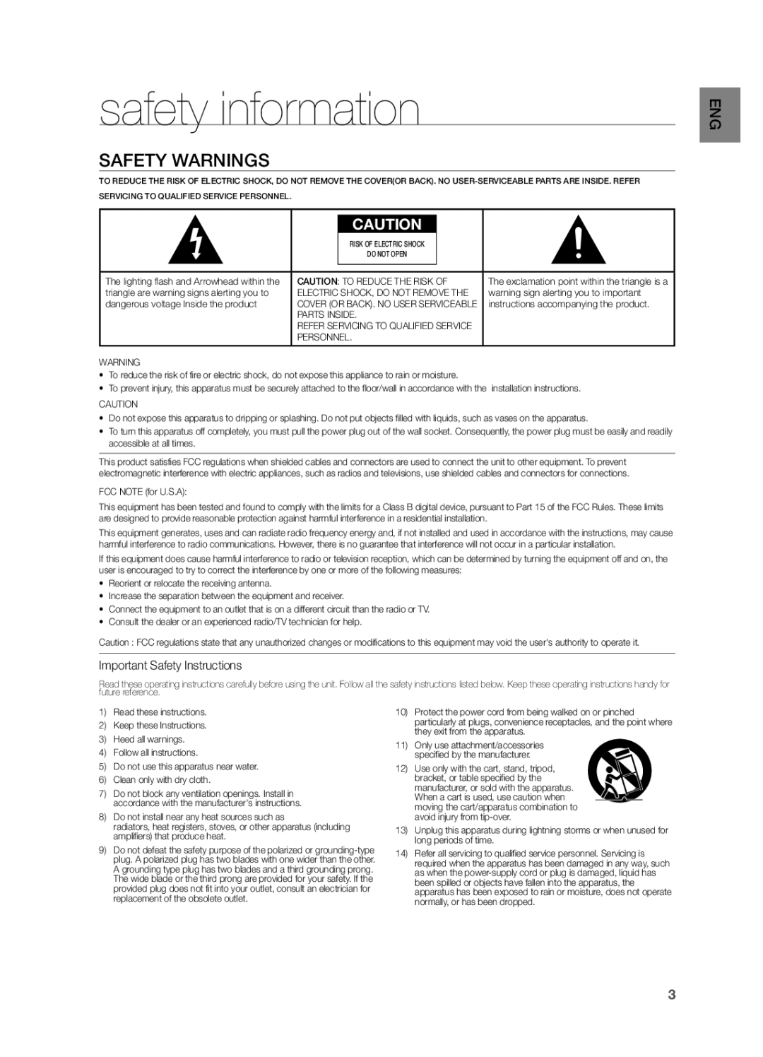 Samsung HW-FM55C user manual Safety information, Safety Warnings, Important Safety Instructions 