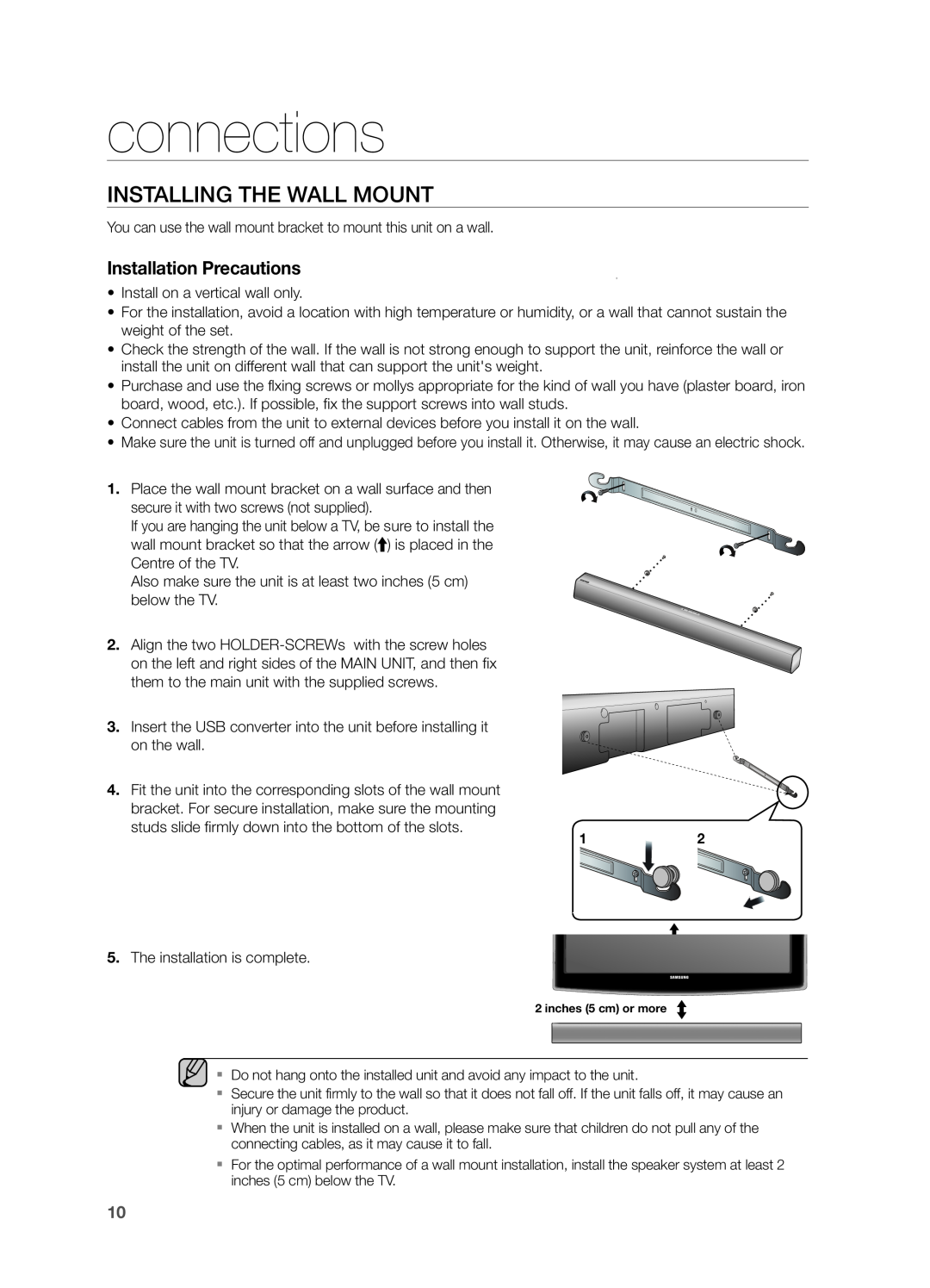 Samsung HW-FM55C user manual connections, INSTAllING THE WAll MOUNT, Installation Precautions 