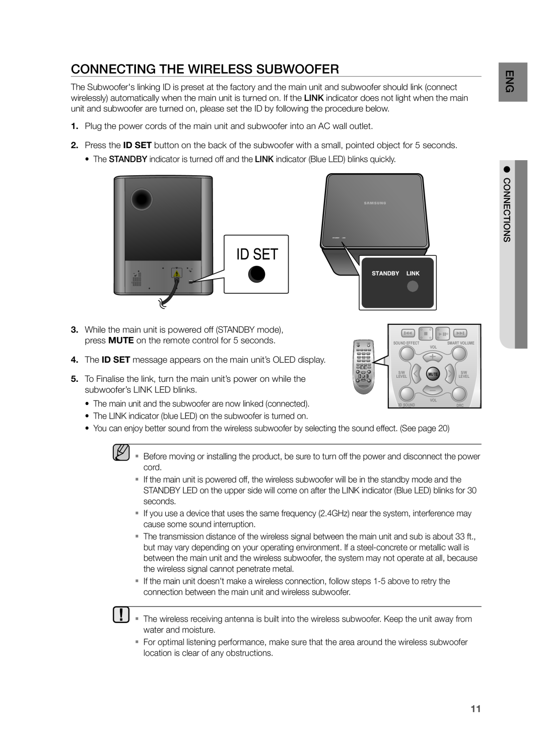 Samsung HW-FM55C user manual CONNECTING THE WIrElESS SUBWOOFEr 