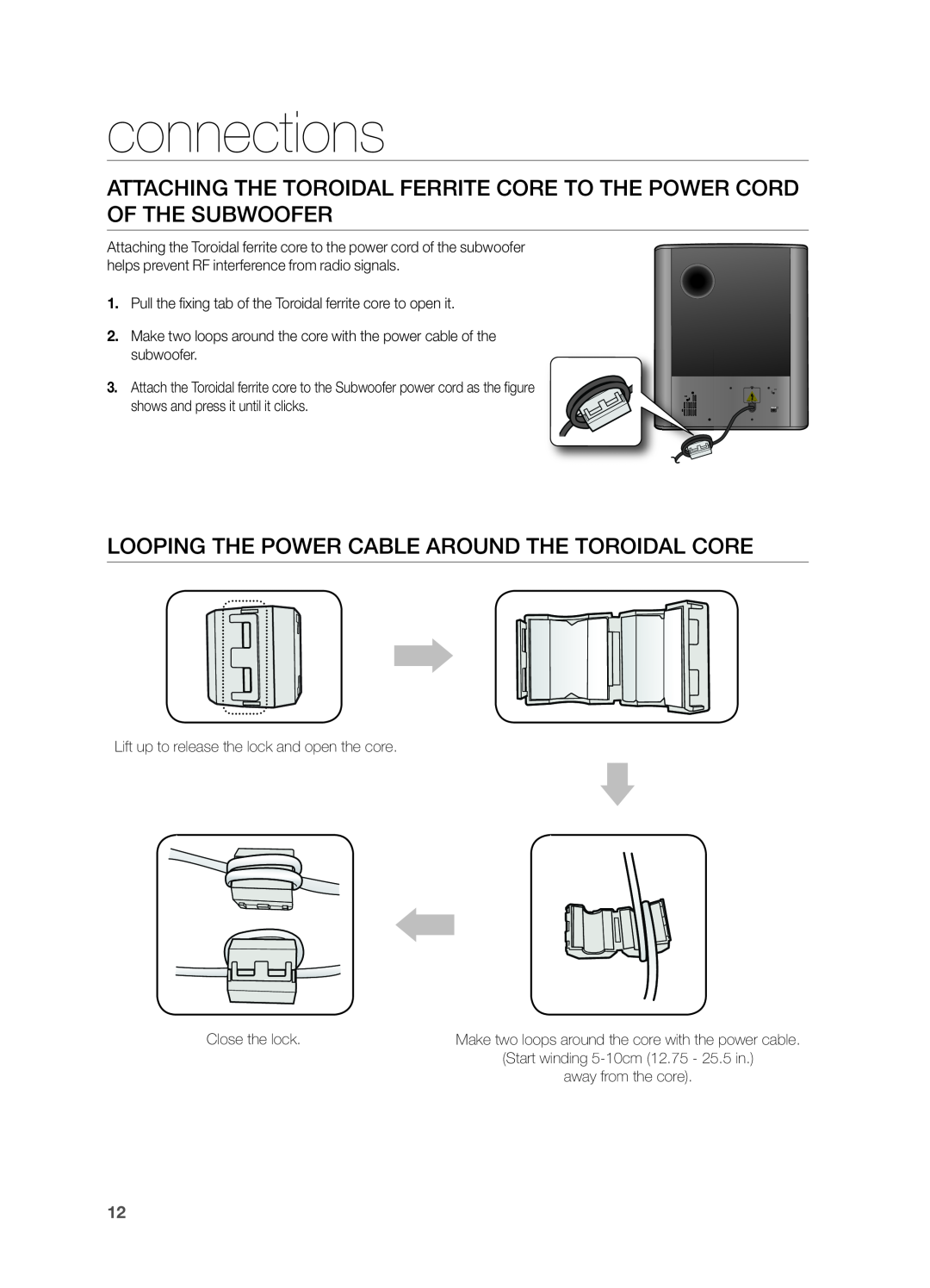 Samsung HW-FM55C user manual Looping The Power Cable Around The Toroidal Core, connections 
