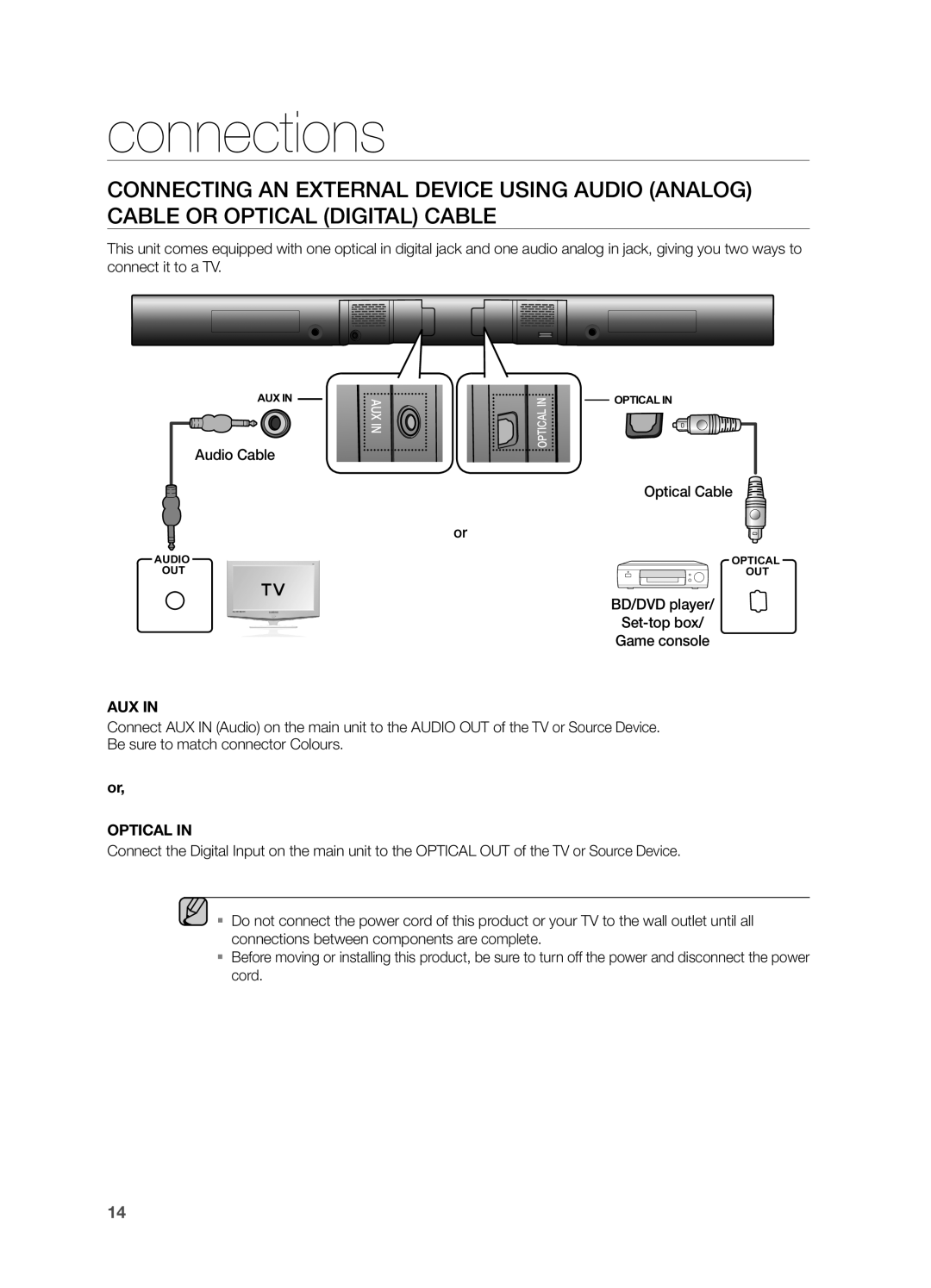 Samsung HW-FM55C user manual connections, Aux In, or OPTICAL IN 