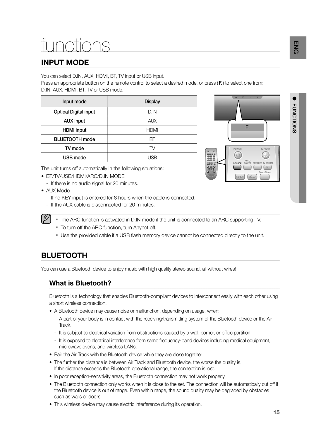Samsung HW-FM55C user manual functions, input mode, Bluetooth 