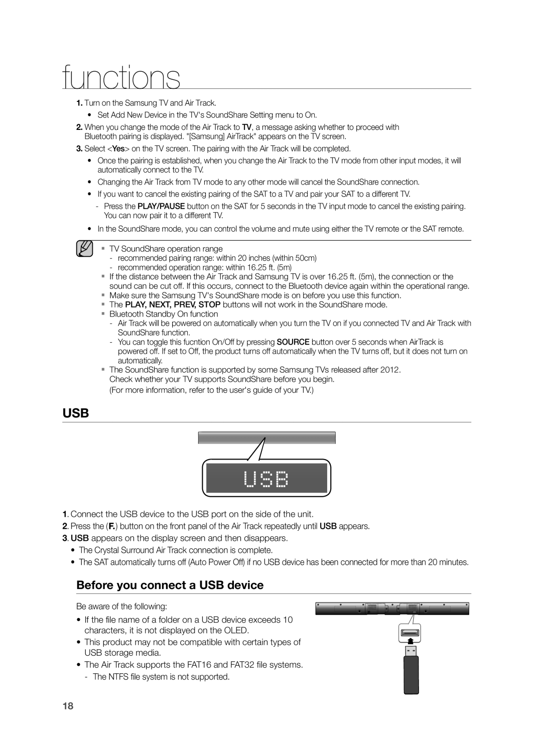 Samsung HW-FM55C user manual functions, Before you connect a USB device 