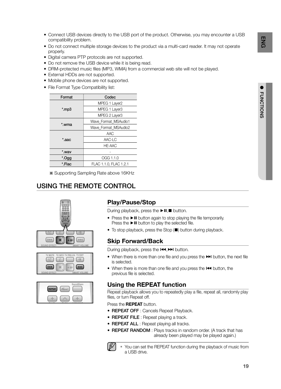 Samsung HW-FM55C user manual Using The Remote Control, POWER Play/Pause/Stop, Skip Forward/Back, Using the REPEAT function 