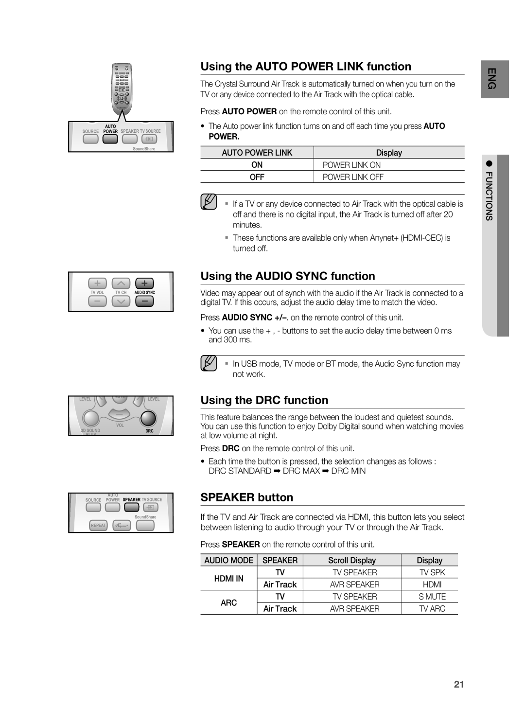 Samsung HW-FM55C Using the AUTO POWER LINK function, Using the AUDIO SYNC function, Using the DRC function, SPEAKER button 