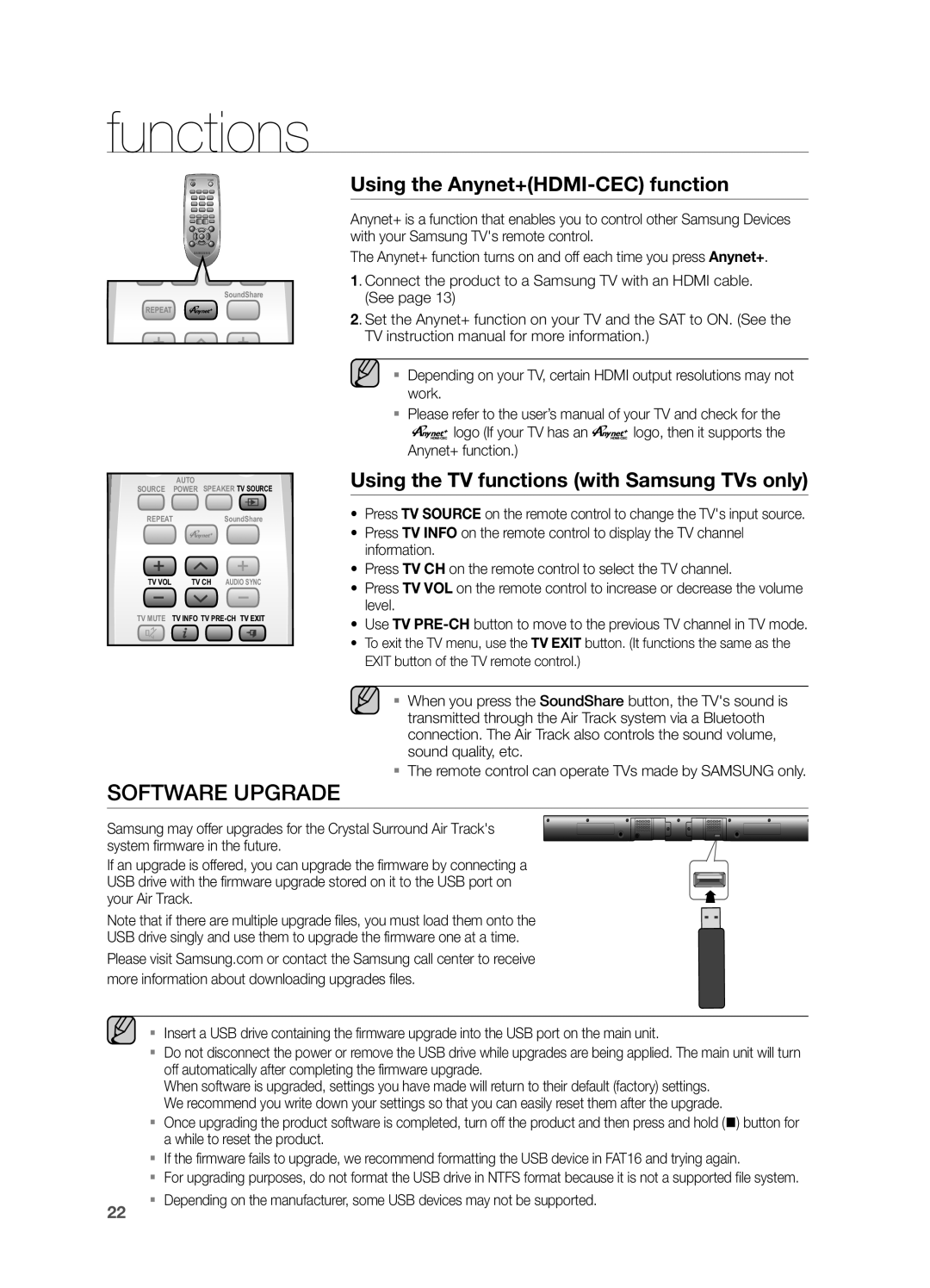Samsung HW-FM55C user manual Software Upgrade, functions, Using the Anynet+HDMI-CECfunction 