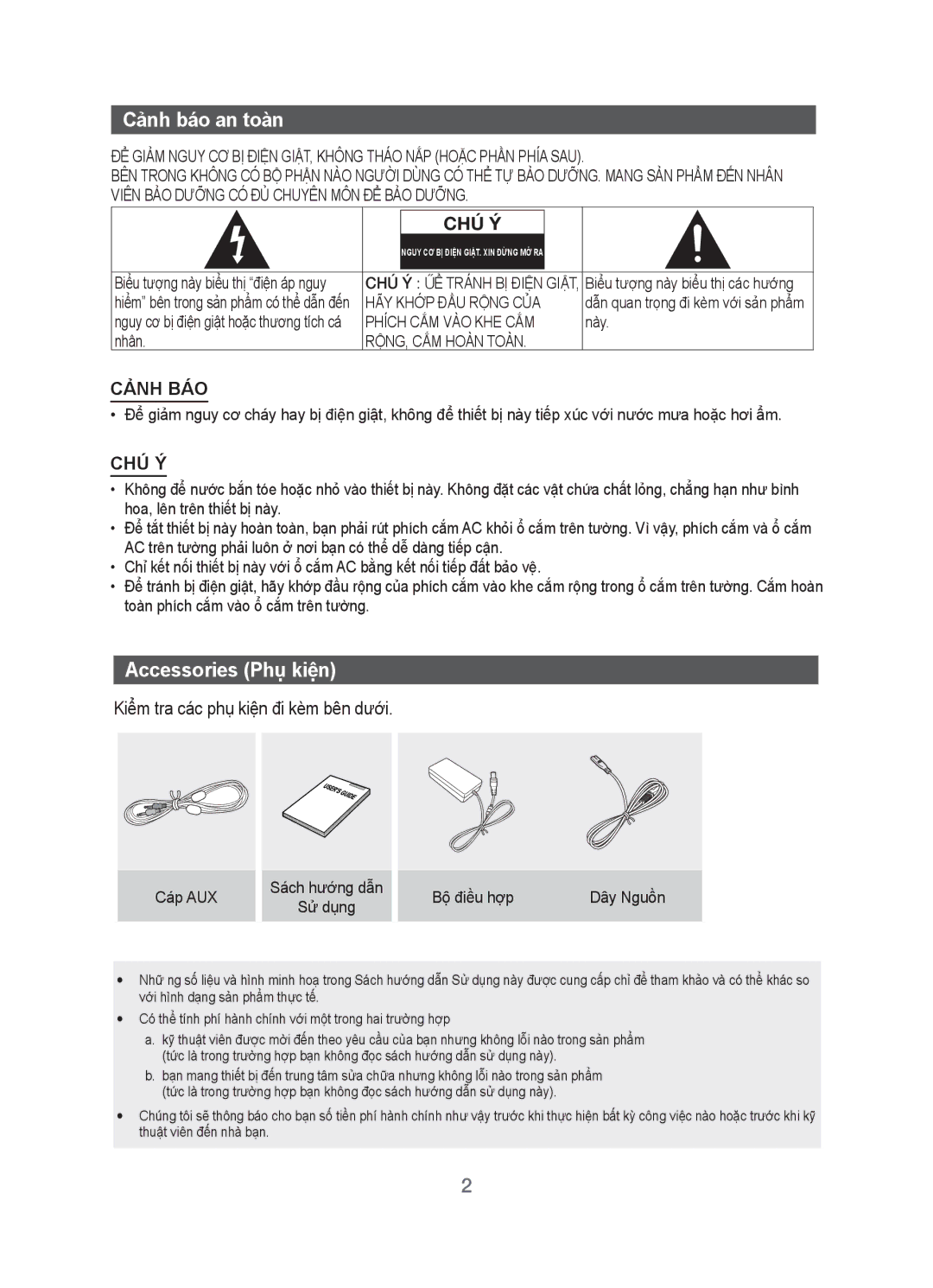 Samsung HW-H20/XV manual Cảnh báo an toàn, Accessories Phụ kiện 