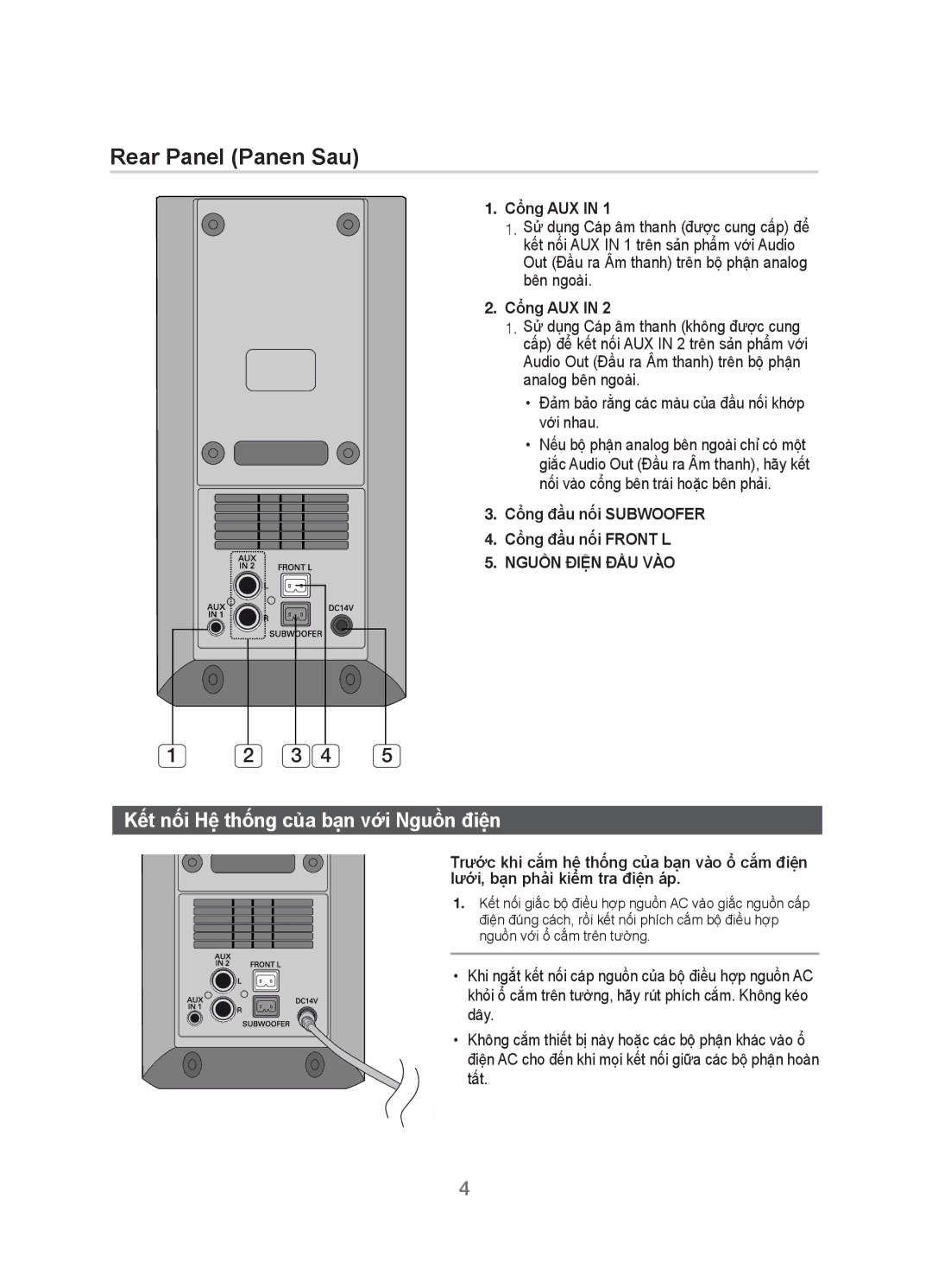 Samsung HW-H20/XV manual Kết nối Hệ thống của bạn với Nguồn điện, Cổng AUX 