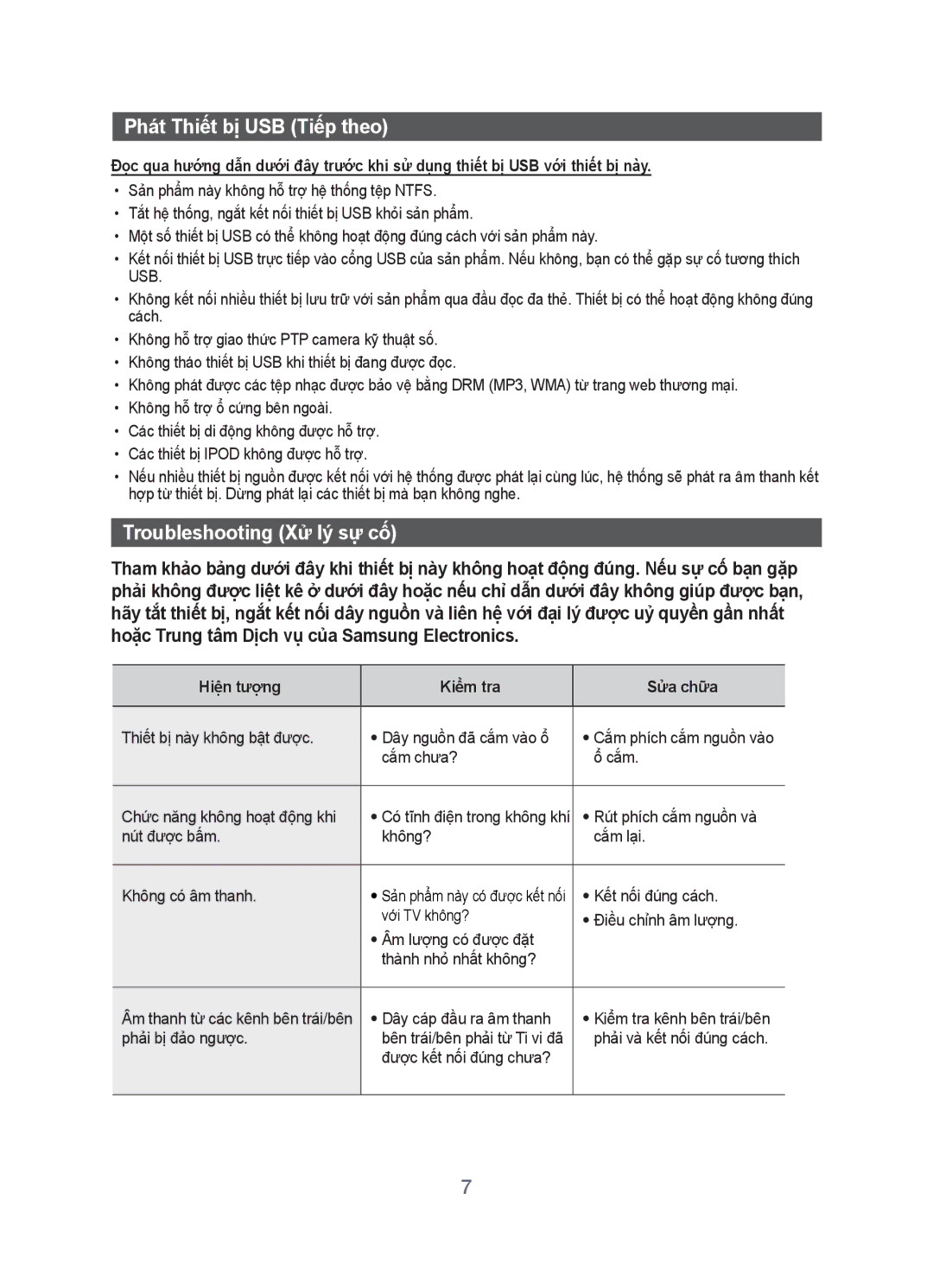 Samsung HW-H20/XV Phát Thiết bị USB Tiếp theo, Troubleshooting Xử lý sự cố, Hiện tượng Kiểm tra Sửa chữa 