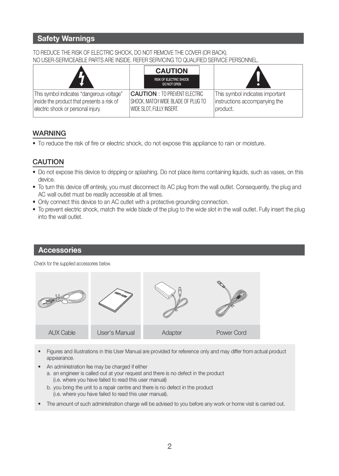 Samsung HW-H20/XV manual Safety Warnings, Accessories, Wide SLOT, Fully Insert 