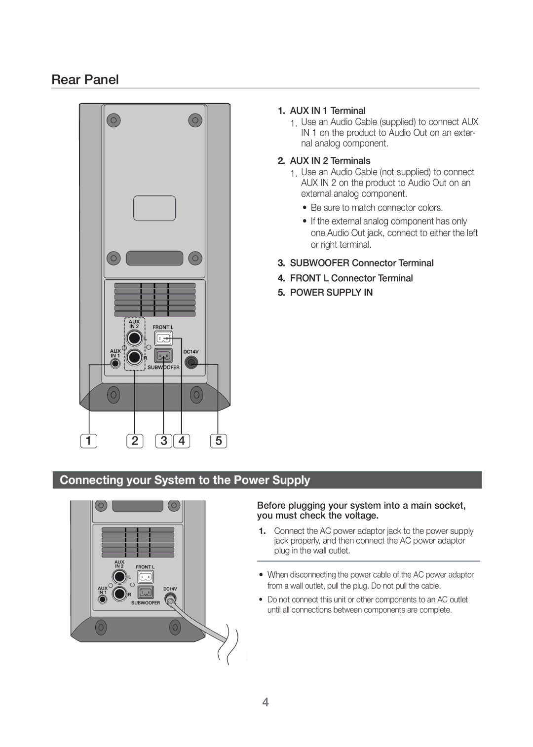 Samsung HW-H20/XV manual Connecting your System to the Power Supply, AUX in 1 Terminal, AUX in 2 Terminals 