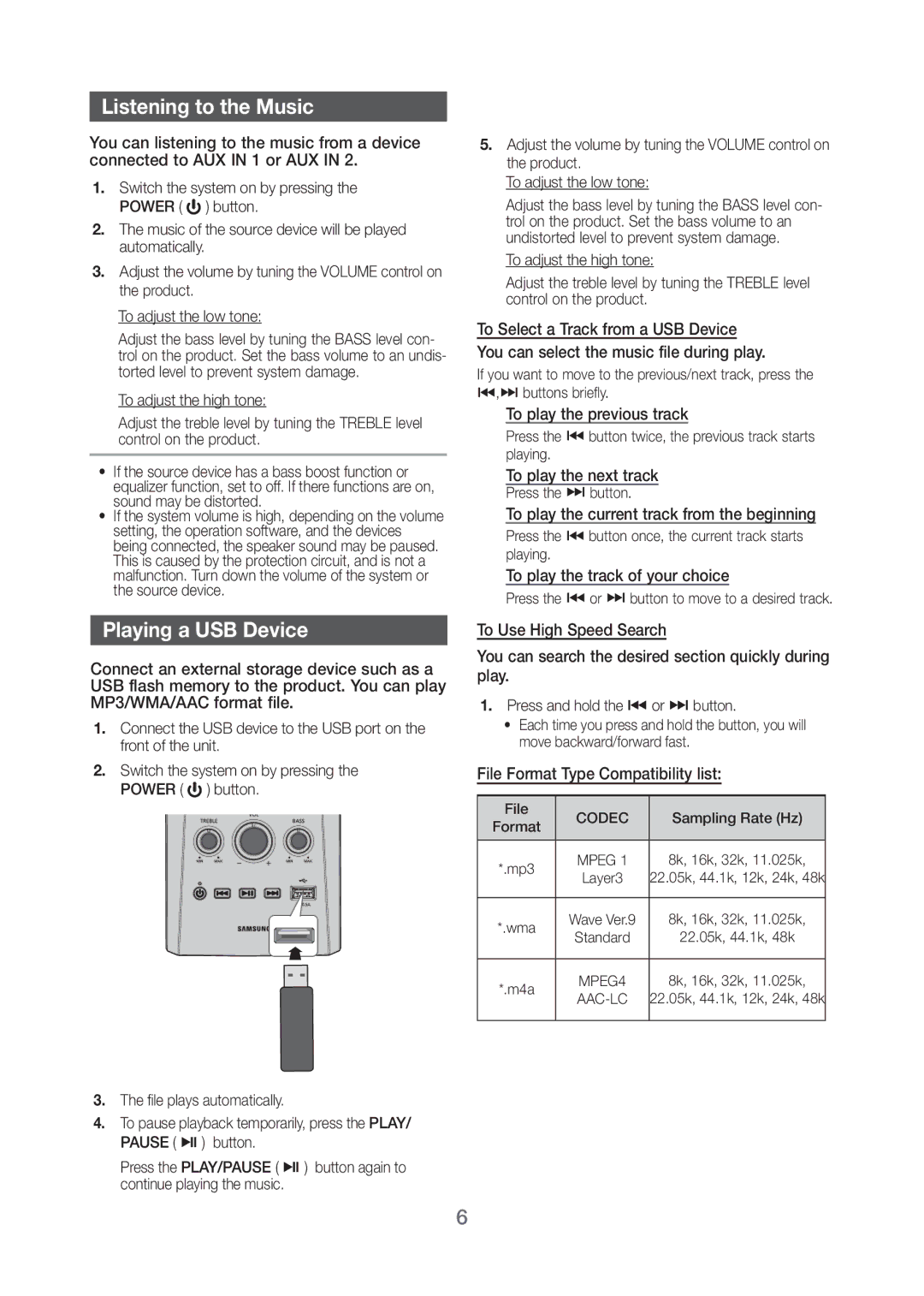 Samsung HW-H20/XV manual Listening to the Music, Playing a USB Device 