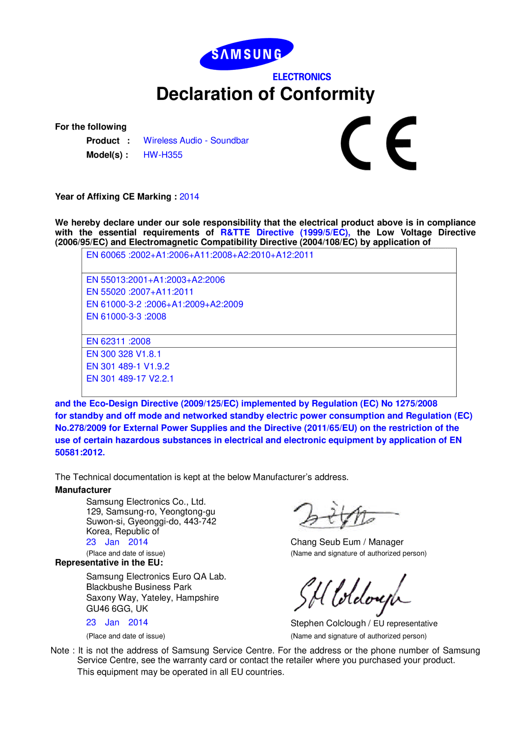 Samsung HW-H355/XN, HW-H355/EN manual Declaration of Conformity, For the following, Manufacturer, Representative in the EU 