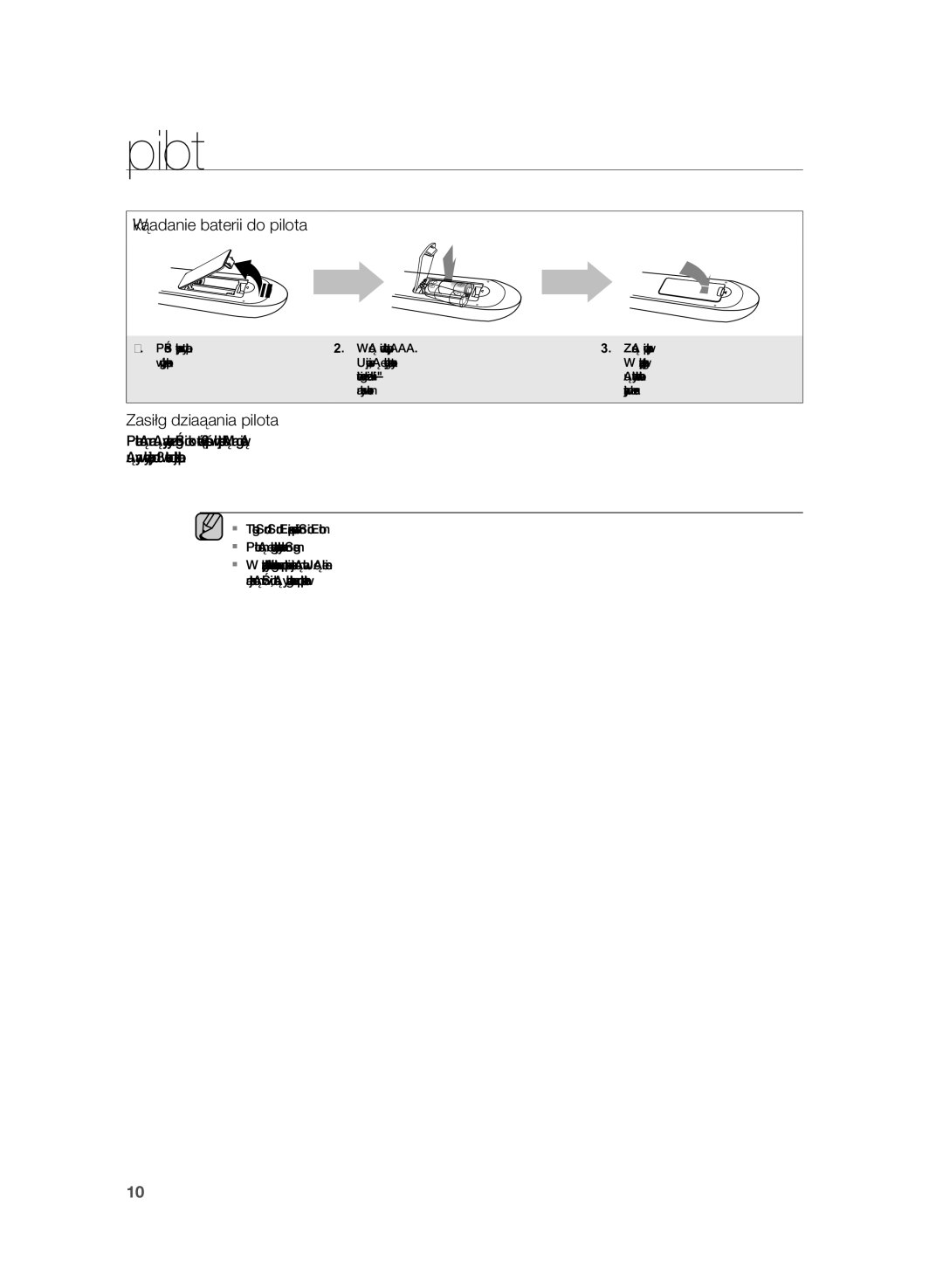 Samsung HW-H355/EN, HW-H355/XN manual Wkładanie baterii do pilota, Zasięg działania pilota 