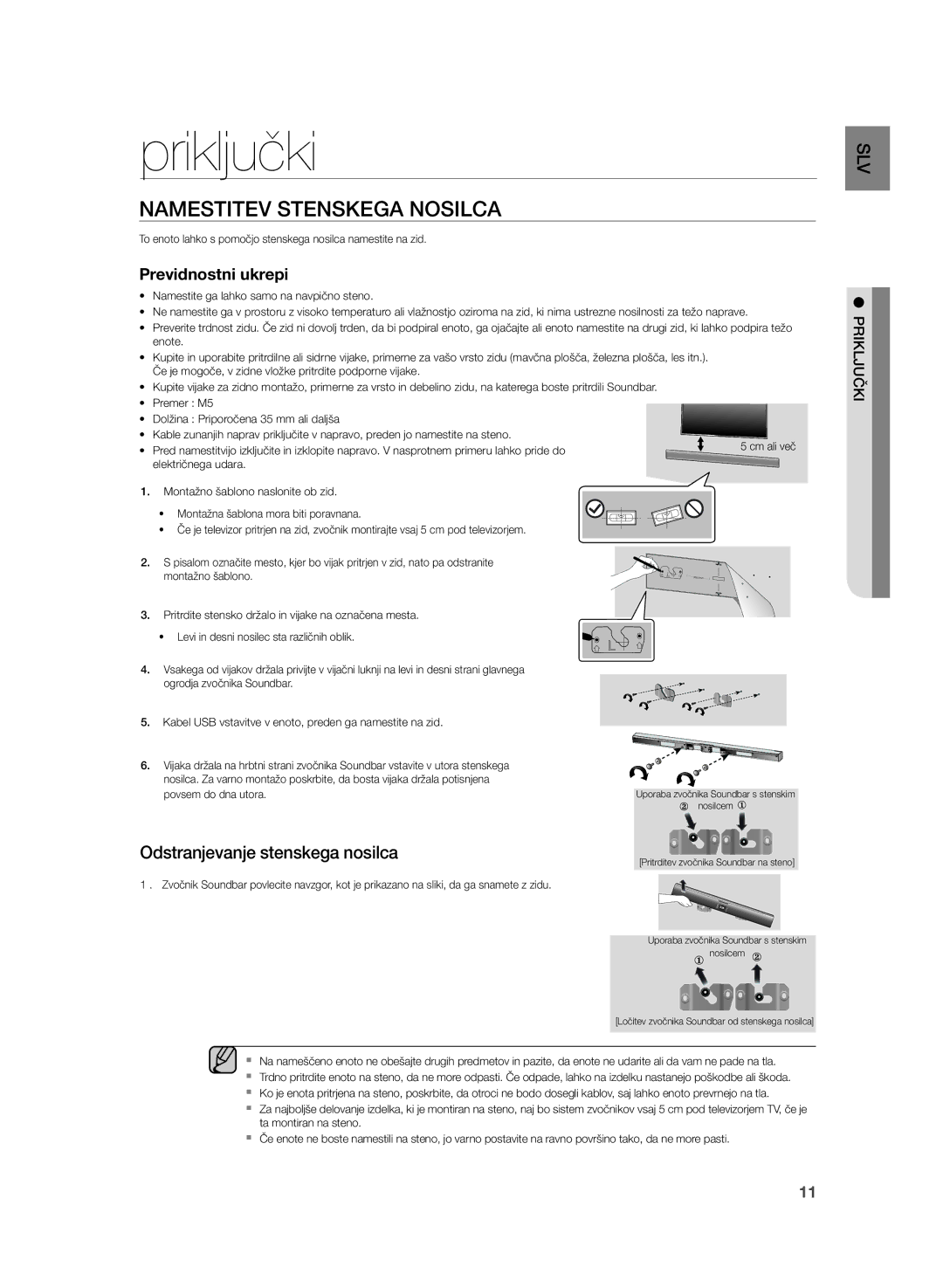 Samsung HW-H355/XN, HW-H355/EN manual Priključki, Namestitev Stenskega Nosilca, Previdnostni ukrepi 