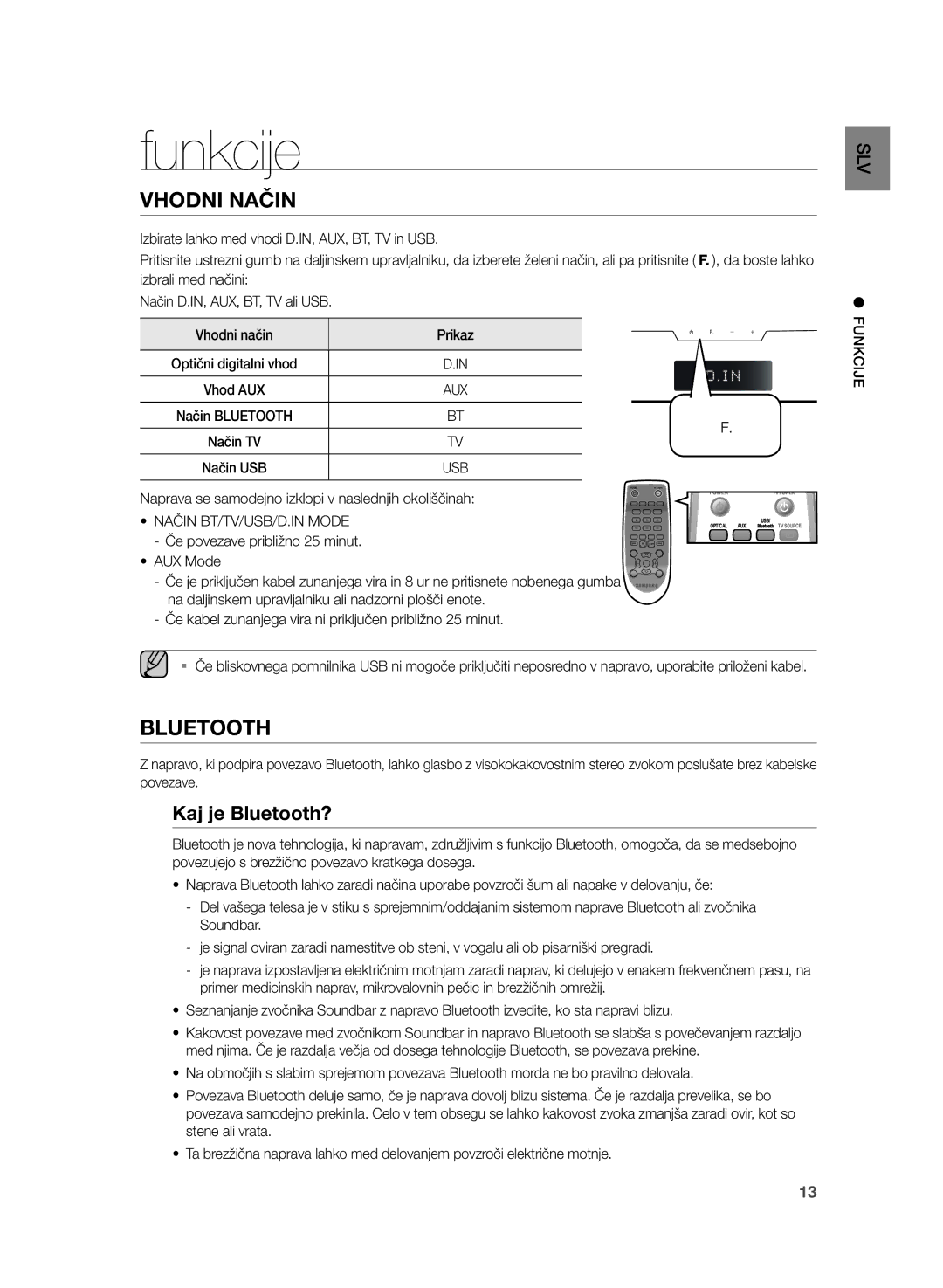 Samsung HW-H355/XN, HW-H355/EN manual Funkcije, Vhodni Način, Kaj je Bluetooth?, Način BT/TV/USB/D.IN Mode 