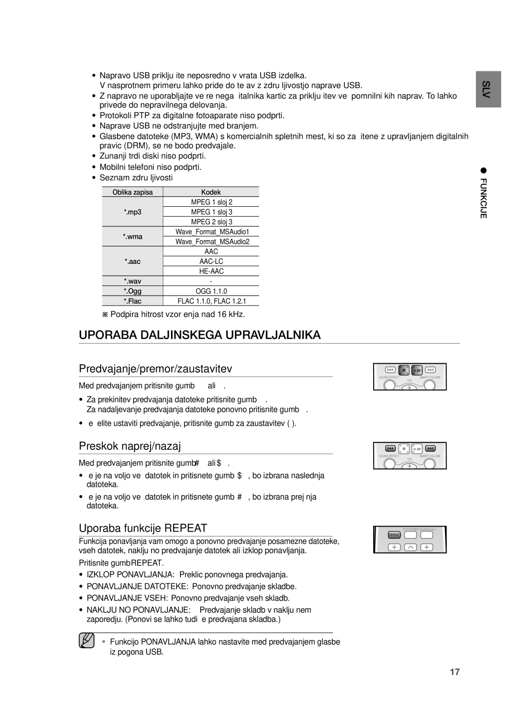 Samsung HW-H355/XN, HW-H355/EN Uporaba Daljinskega Upravljalnika, Predvajanje/premor/zaustavitev, Preskok naprej/nazaj 