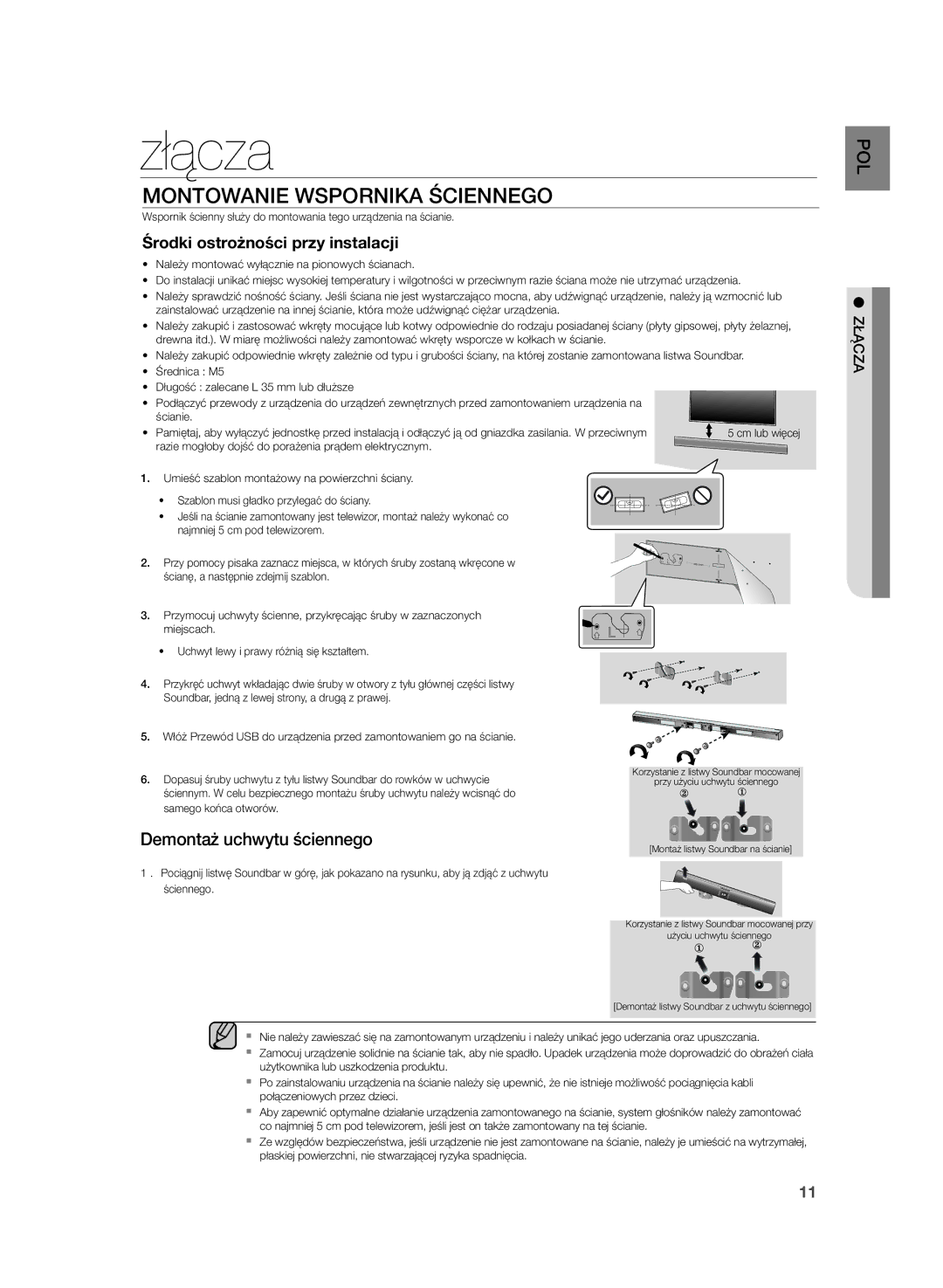 Samsung HW-H355/XN, HW-H355/EN manual Złącza, Montowanie Wspornika Ściennego, Środki ostrożności przy instalacji 