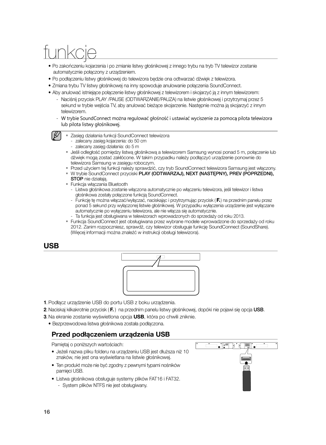 Samsung HW-H355/EN, HW-H355/XN manual Usb, Przed podłączeniem urządzenia USB, Pamiętaj o poniższych wartościach 