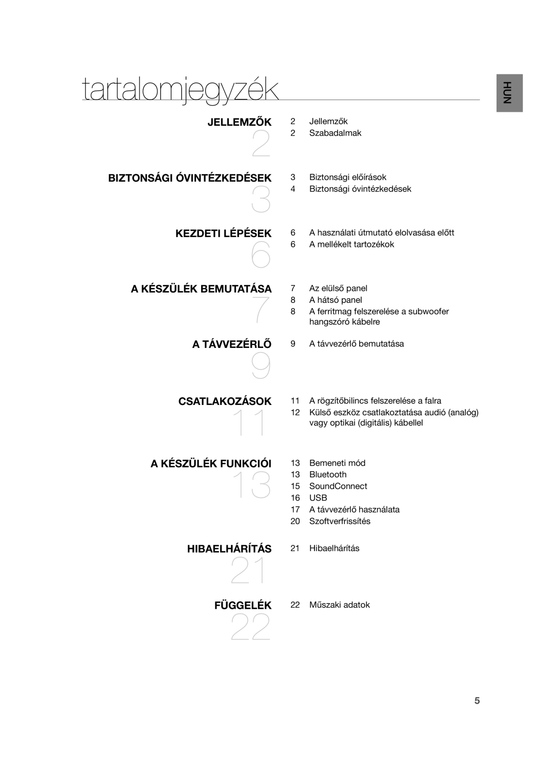 Samsung HW-H355/EN, HW-H355/XN manual Tartalomjegyzék, Jellemzők 2 Jellemzők Szabadalmak, Hibaelhárítás, Műszaki adatok 