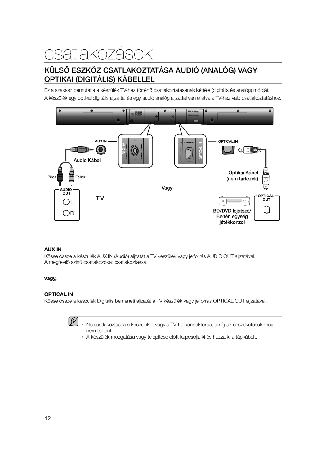 Samsung HW-H355/XN, HW-H355/EN manual Audio Kábel, Optikai Kábel, Nem tartozék, Vagy 