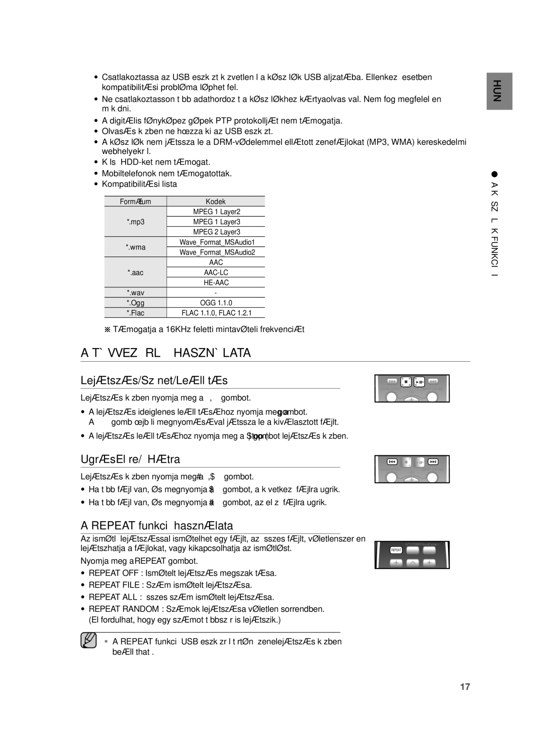 Samsung HW-H355/EN manual Távvezérlő Használata, Lejátszás/Szünet/Leállítás, Ugrás Előre/Hátra, Repeat funkció használata 