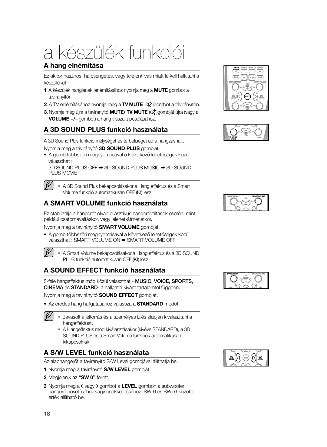 Samsung HW-H355/XN manual Smart Volume funkció használata, Sound Effect funkció használata, W Level funkció használata 