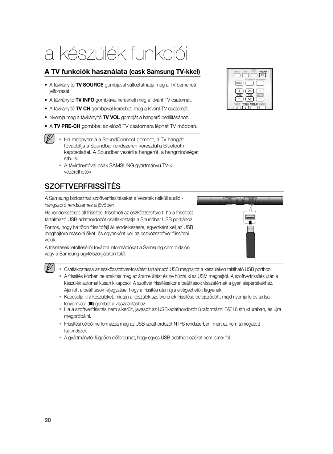 Samsung HW-H355/XN, HW-H355/EN manual Szoftverfrissítés, TV funkciók használata cask Samsung TV-kkel 