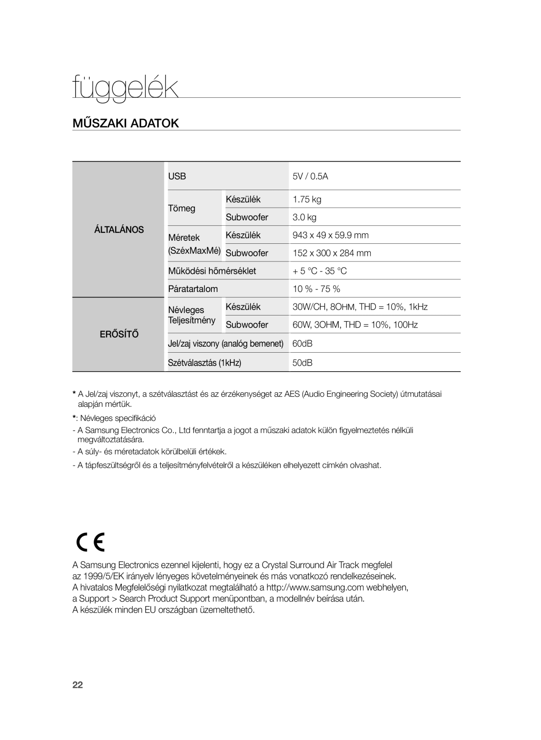 Samsung HW-H355/XN, HW-H355/EN manual Függelék, Műszaki Adatok 