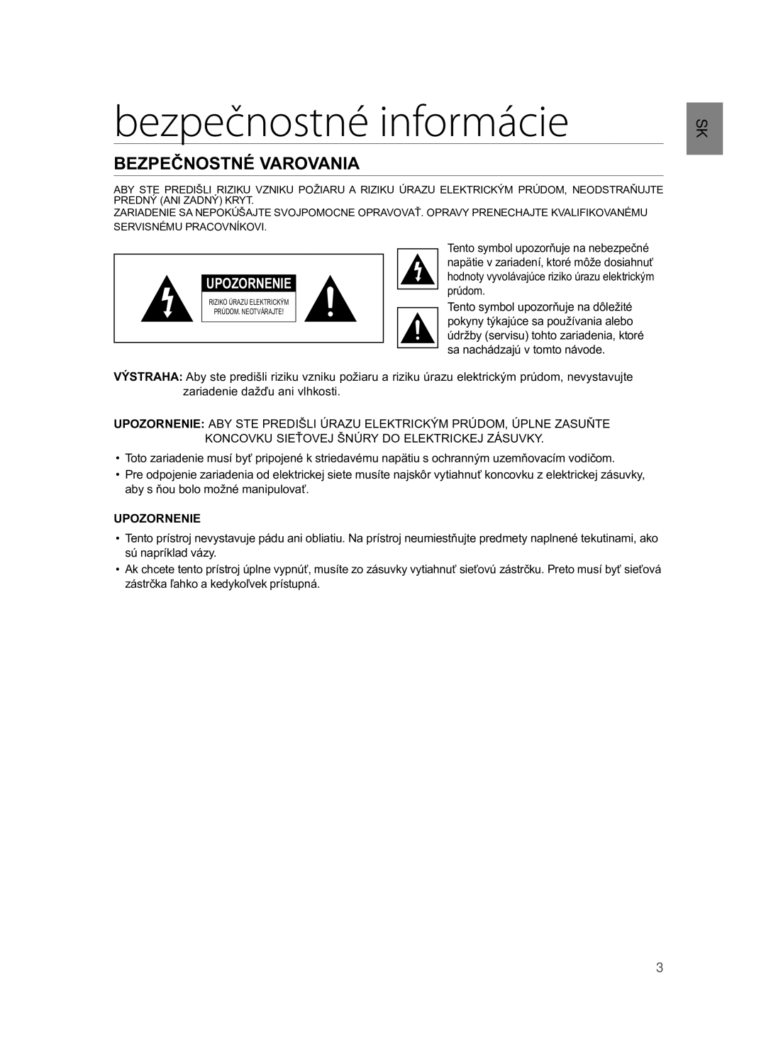 Samsung HW-H355/XN, HW-H355/EN manual Bezpečnostné informácie, Bezpečnostné Varovania 