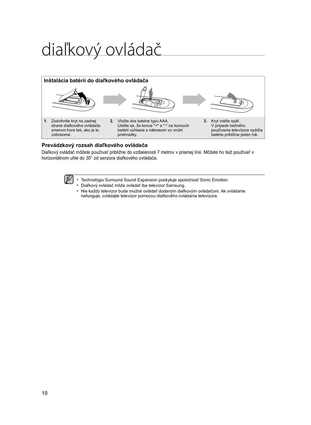 Samsung HW-H355/EN, HW-H355/XN manual Inštalácia batérií do diaľkového ovládača, Prevádzkový rozsah diaľkového ovládača 