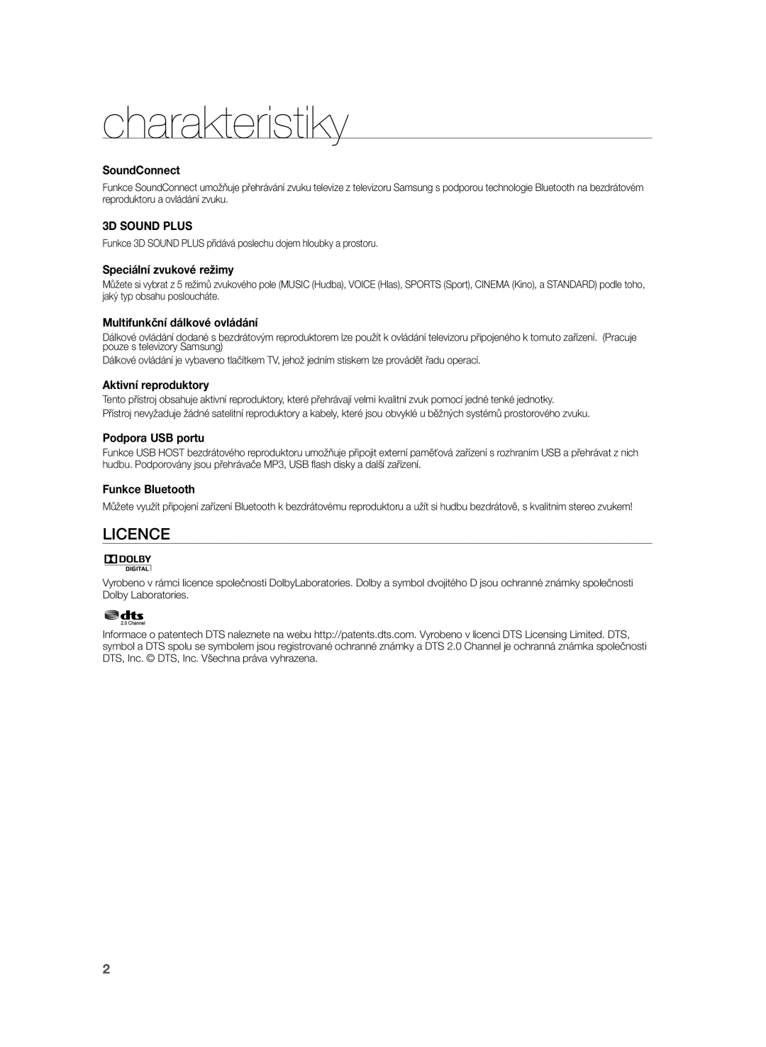 Samsung HW-H355/XN, HW-H355/EN manual Charakteristiky, Speciální zvukové režimy 