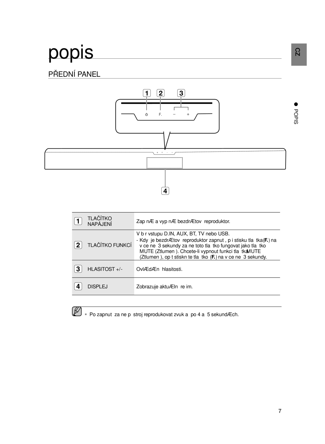 Samsung HW-H355/EN, HW-H355/XN manual Přední Panel, Popis Tlačítko, Napájení, Hlasitost +, Displej 