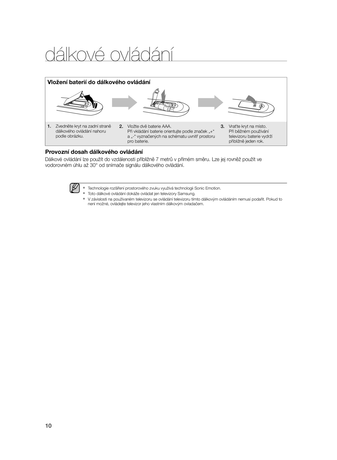 Samsung HW-H355/XN, HW-H355/EN manual Vložení baterií do dálkového ovládání, Provozní dosah dálkového ovládání 