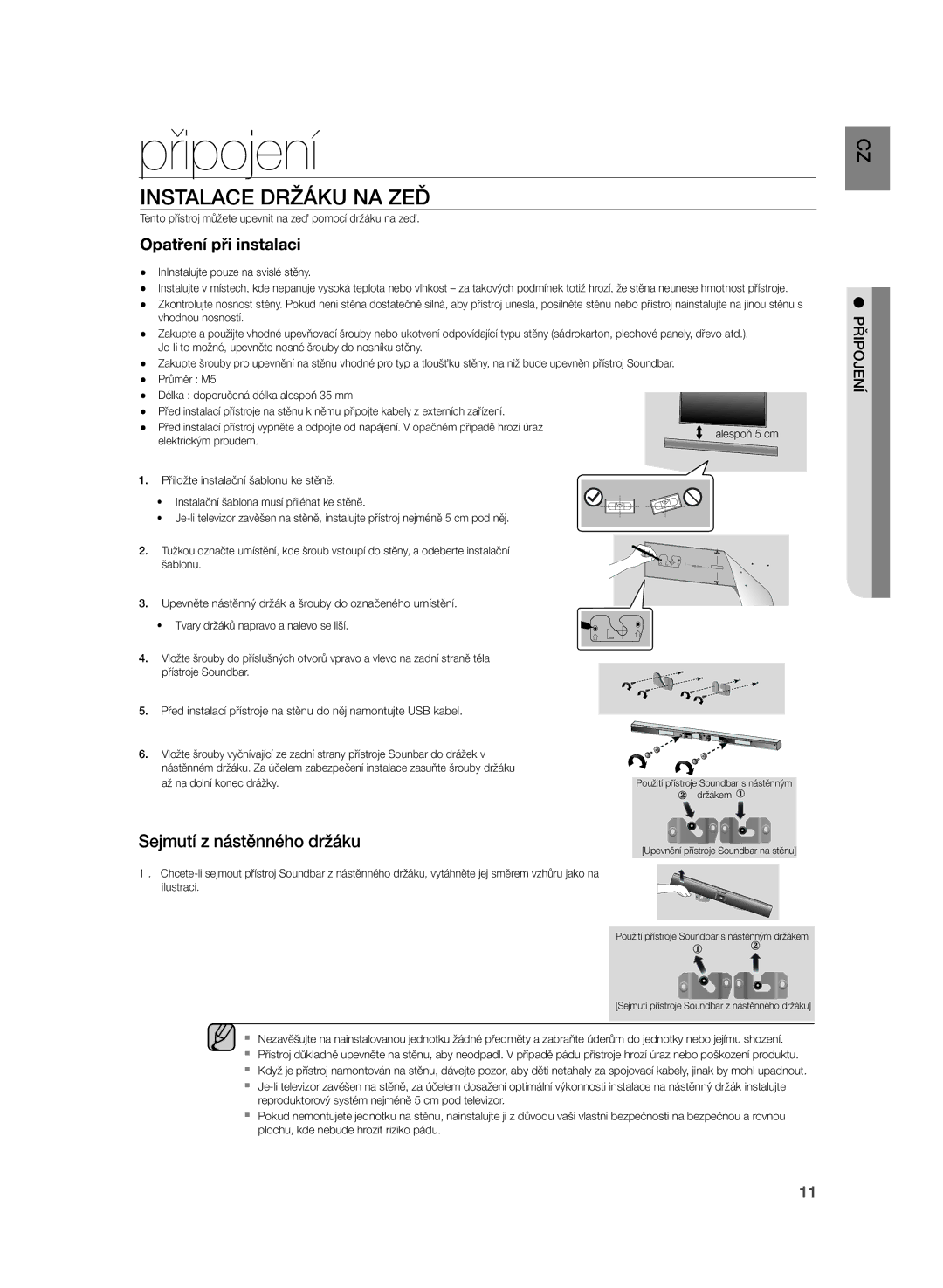 Samsung HW-H355/EN, HW-H355/XN manual Připojení, Instalace Držáku NA ZEĎ, Opatření při instalaci 