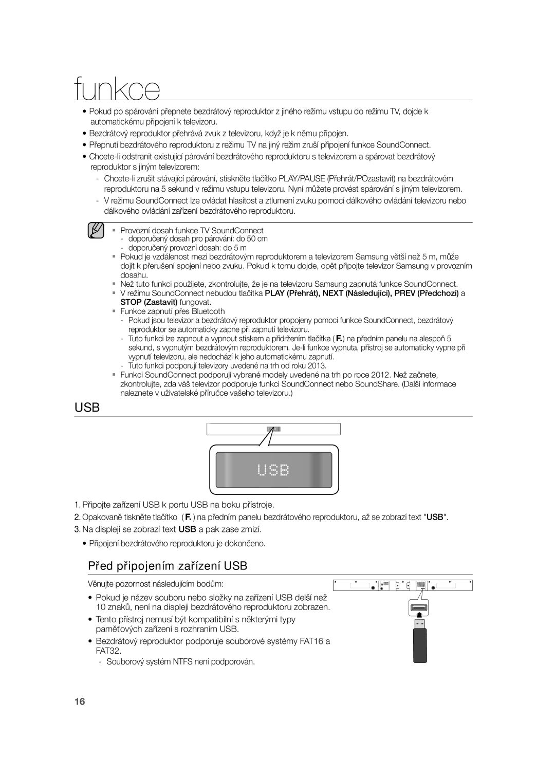 Samsung HW-H355/XN, HW-H355/EN manual Před připojením zařízení USB, Věnujte pozornost následujícím bodům 