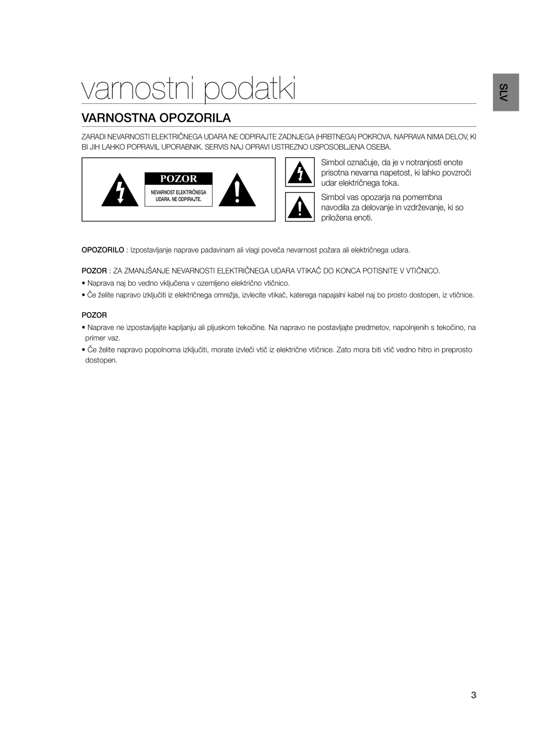 Samsung HW-H355/XN, HW-H355/EN manual Varnostni podatki, Varnostna Opozorila 