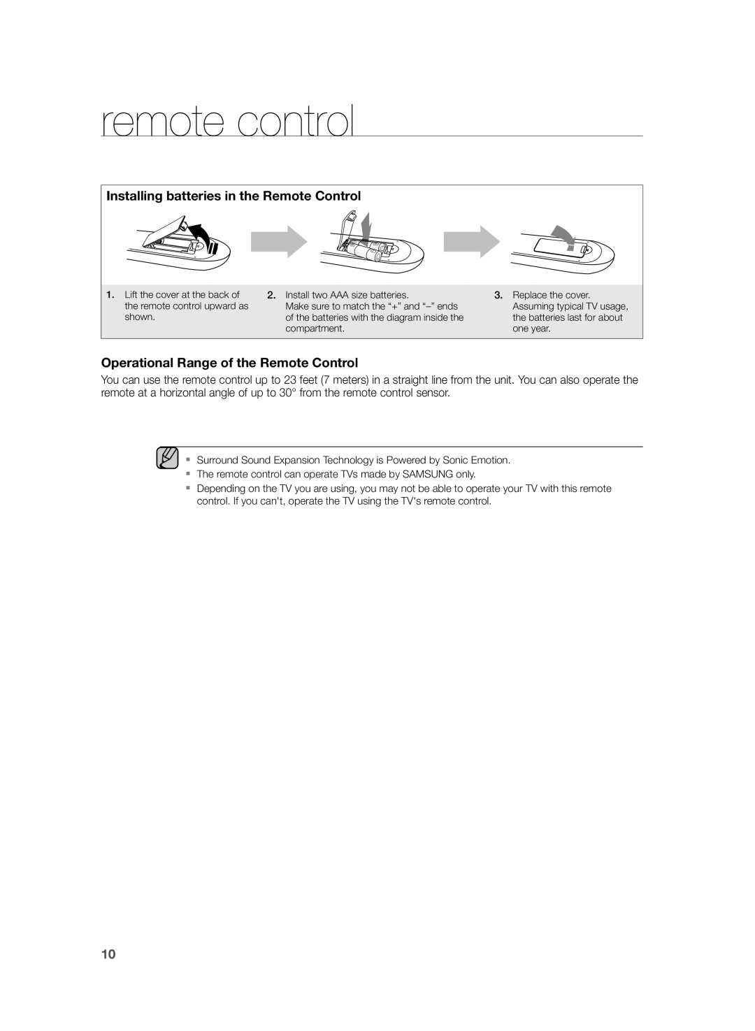 Samsung HW-H355/EN, HW-H355/XN manual Installing batteries in the Remote Control 