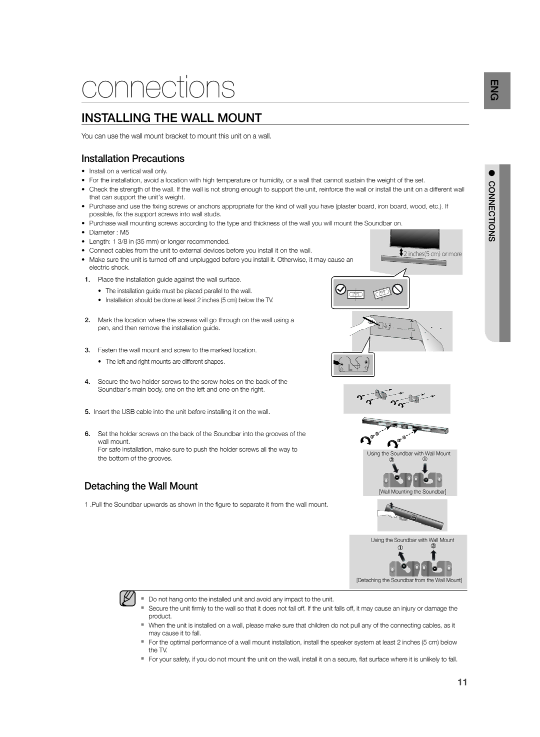 Samsung HW-H355/XN, HW-H355/EN manual Connections, Installing the Wall Mount 