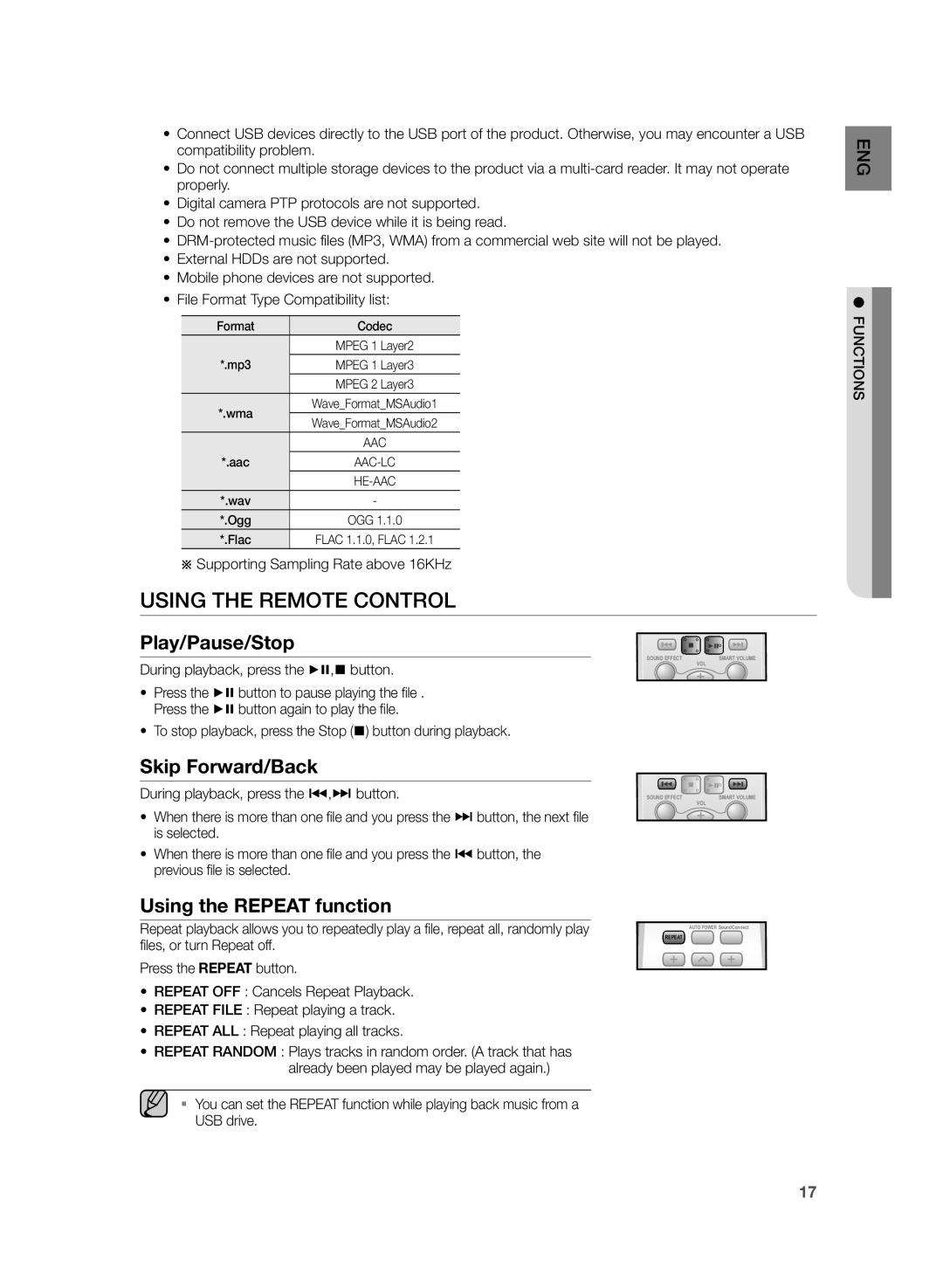 Samsung HW-H355/XN, HW-H355/EN Using the Remote Control, Play/Pause/Stop, Skip Forward/Back, Using the Repeat function 