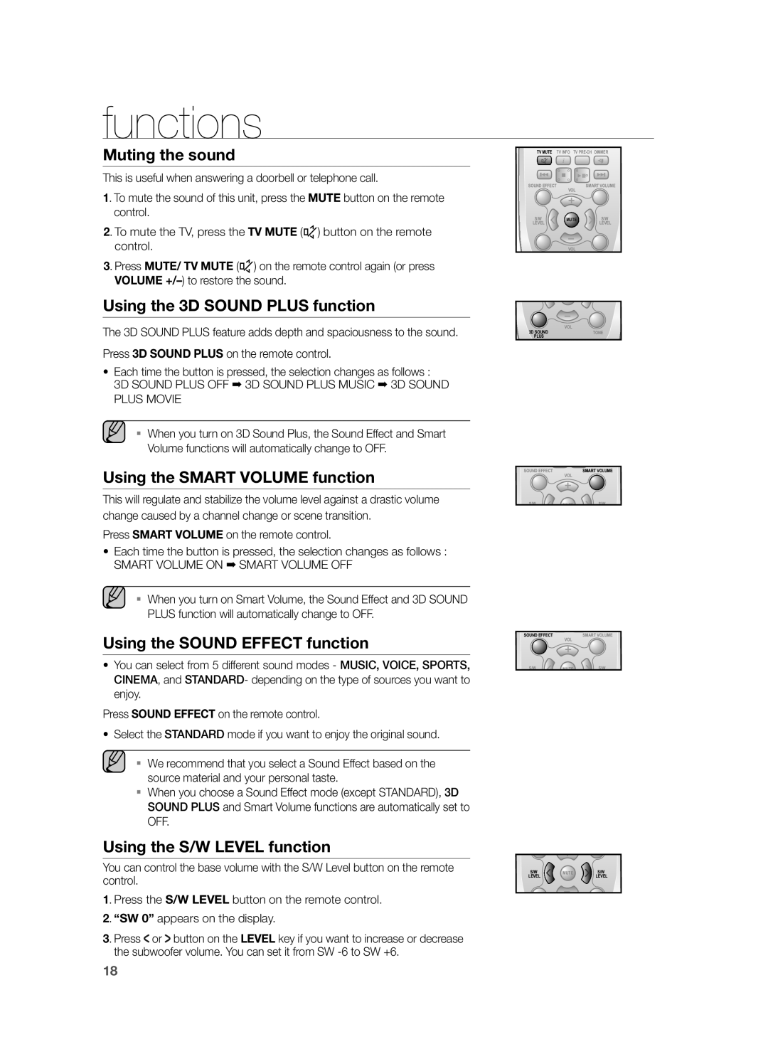 Samsung HW-H355/EN, HW-H355/XN manual Muting the sound, Using the 3D Sound Plus function, Using the Smart Volume function 