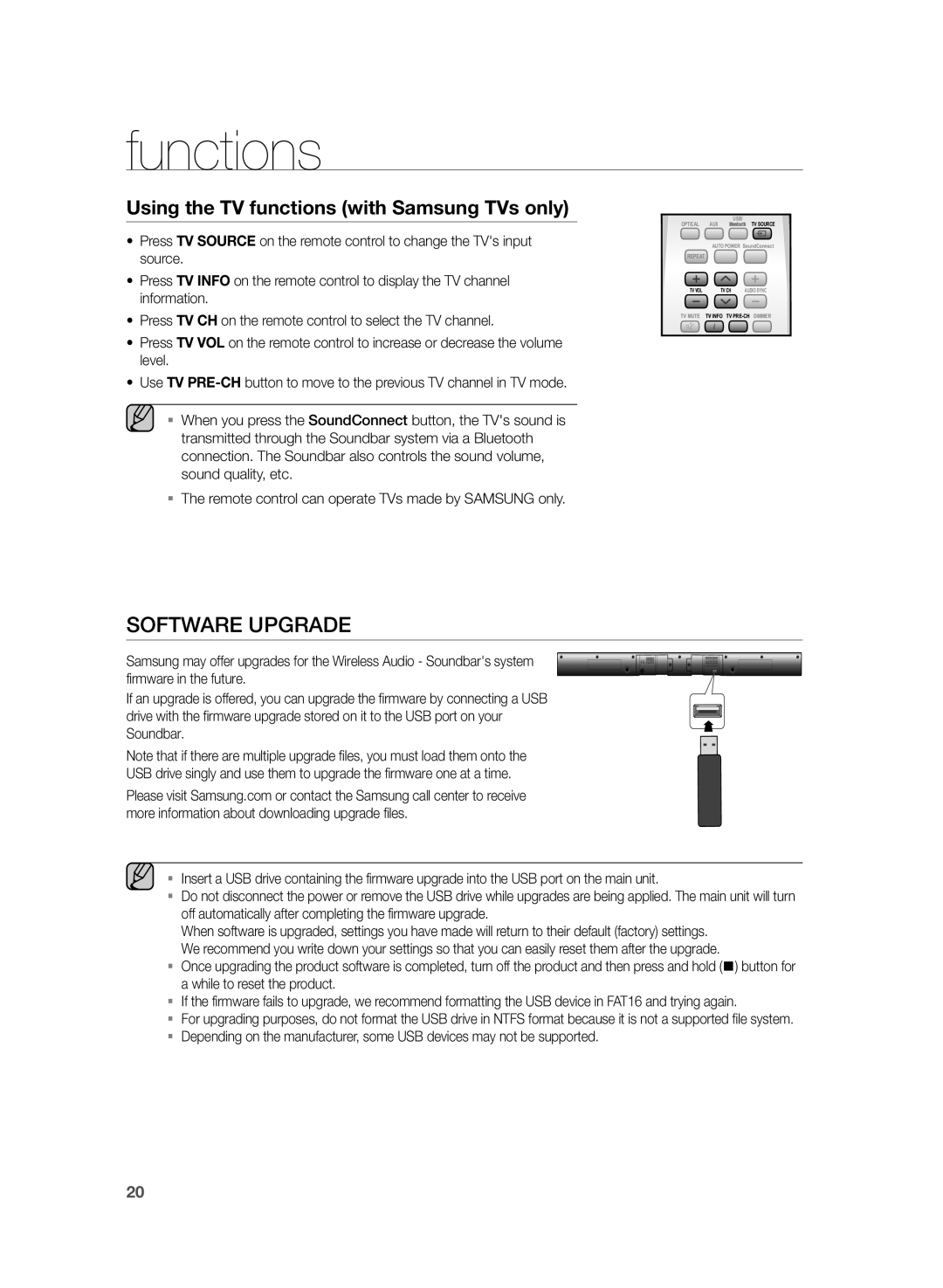 Samsung HW-H355/EN, HW-H355/XN manual Software Upgrade, Using the TV functions with Samsung TVs only 