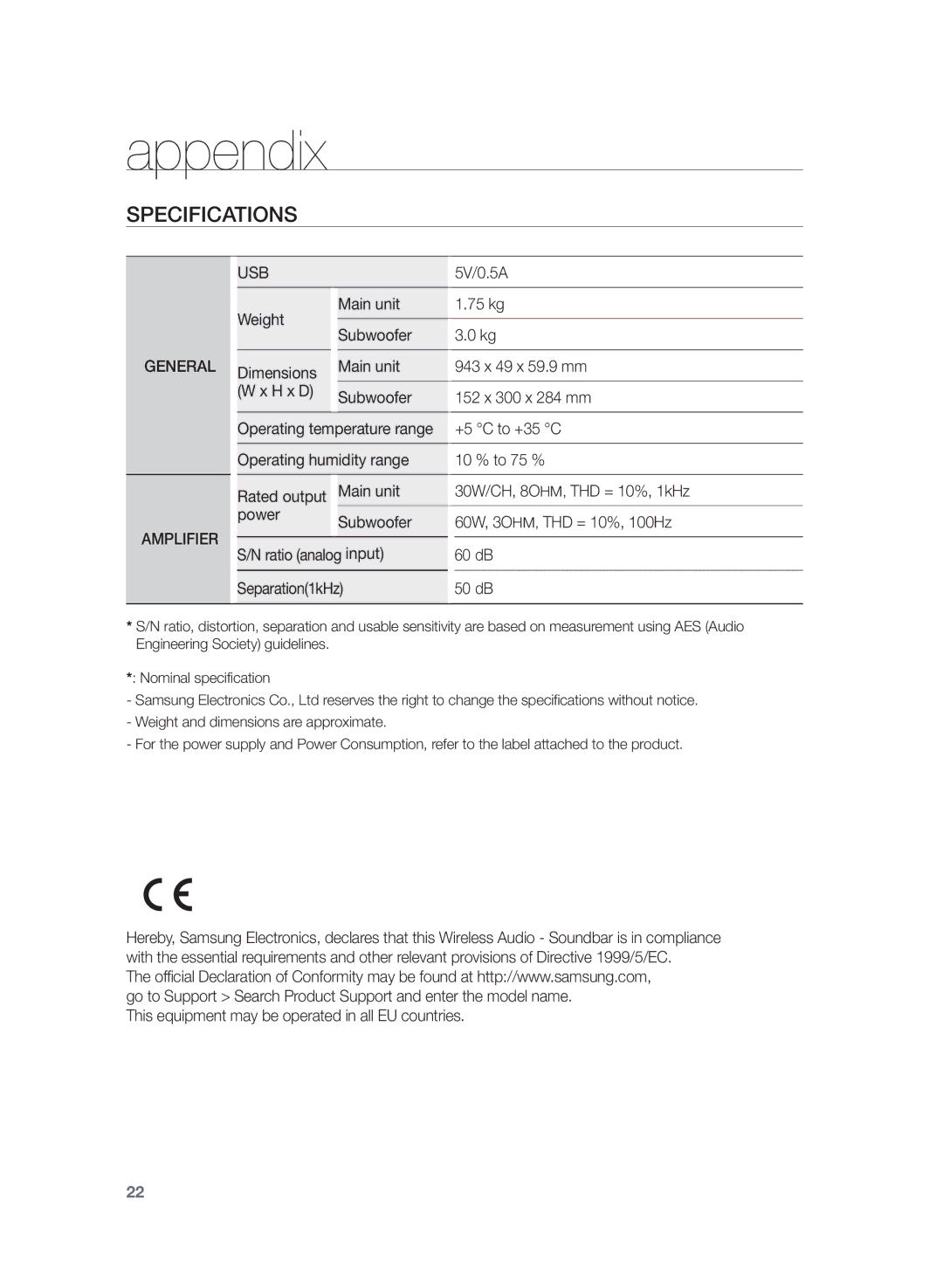 Samsung HW-H355/EN, HW-H355/XN manual Appendix, Specifications 