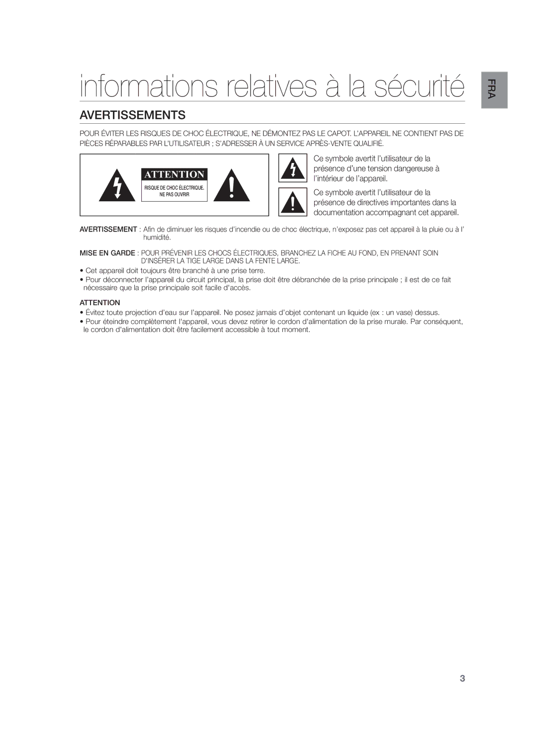 Samsung HW-H355/EN, HW-H355/XN manual Informations relatives à la sécurité, Avertissements 