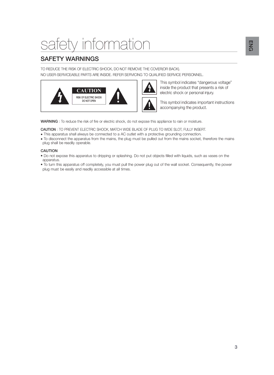 Samsung HW-H355/XN, HW-H355/EN manual Safety information, Safety Warnings 