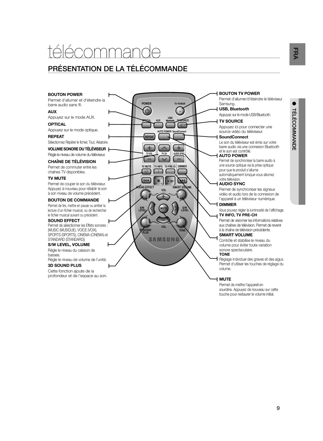 Samsung HW-H355/EN, HW-H355/XN manual Présentation DE LA Télécommande 