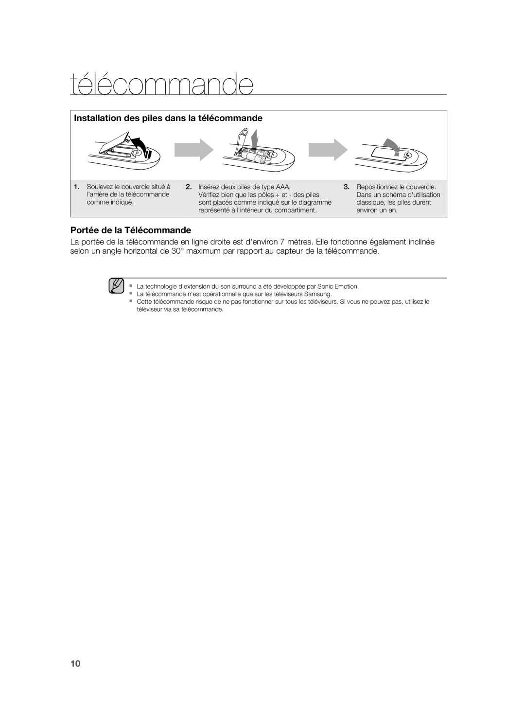 Samsung HW-H355/XN, HW-H355/EN manual Installation des piles dans la télécommande 