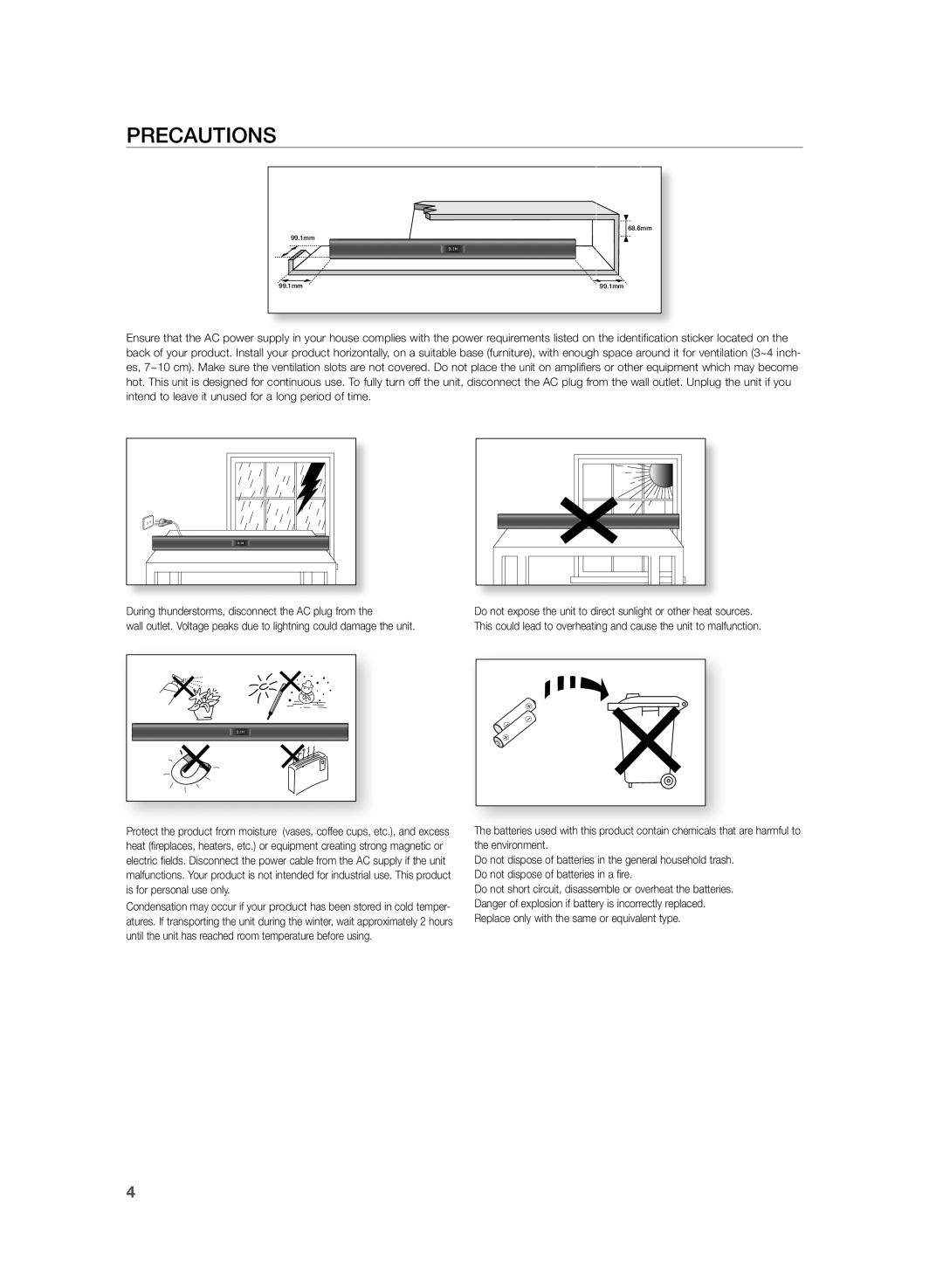 Samsung HW-H355/EN, HW-H355/XN manual Precautions 